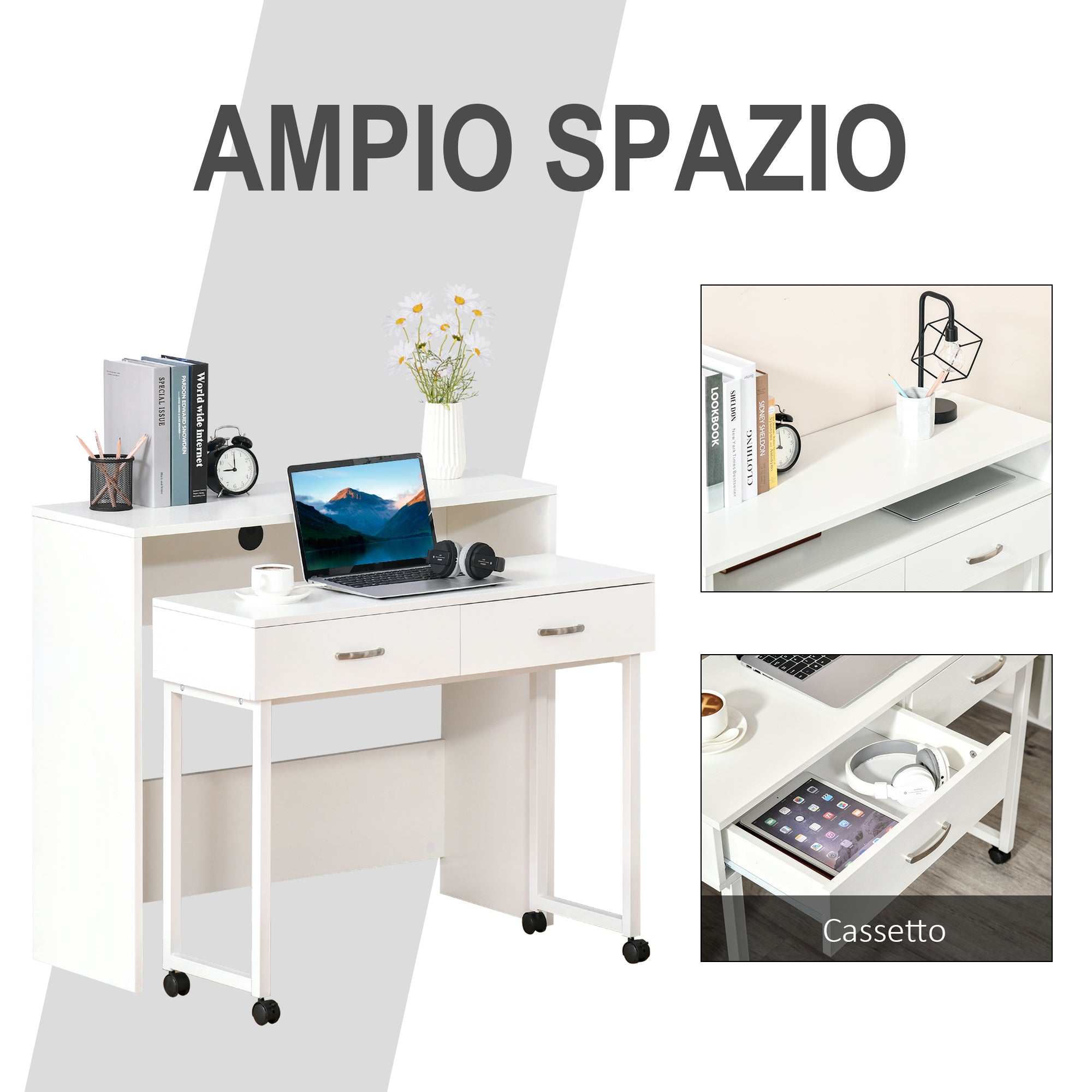 Easycomfort Tavolo Scrivania Salvaspazio per Camera e Ufficio, Scrivania with Cassetti e Ruote, Postazione di Lavoro Doppia o Singola, 100x36x88cm, white