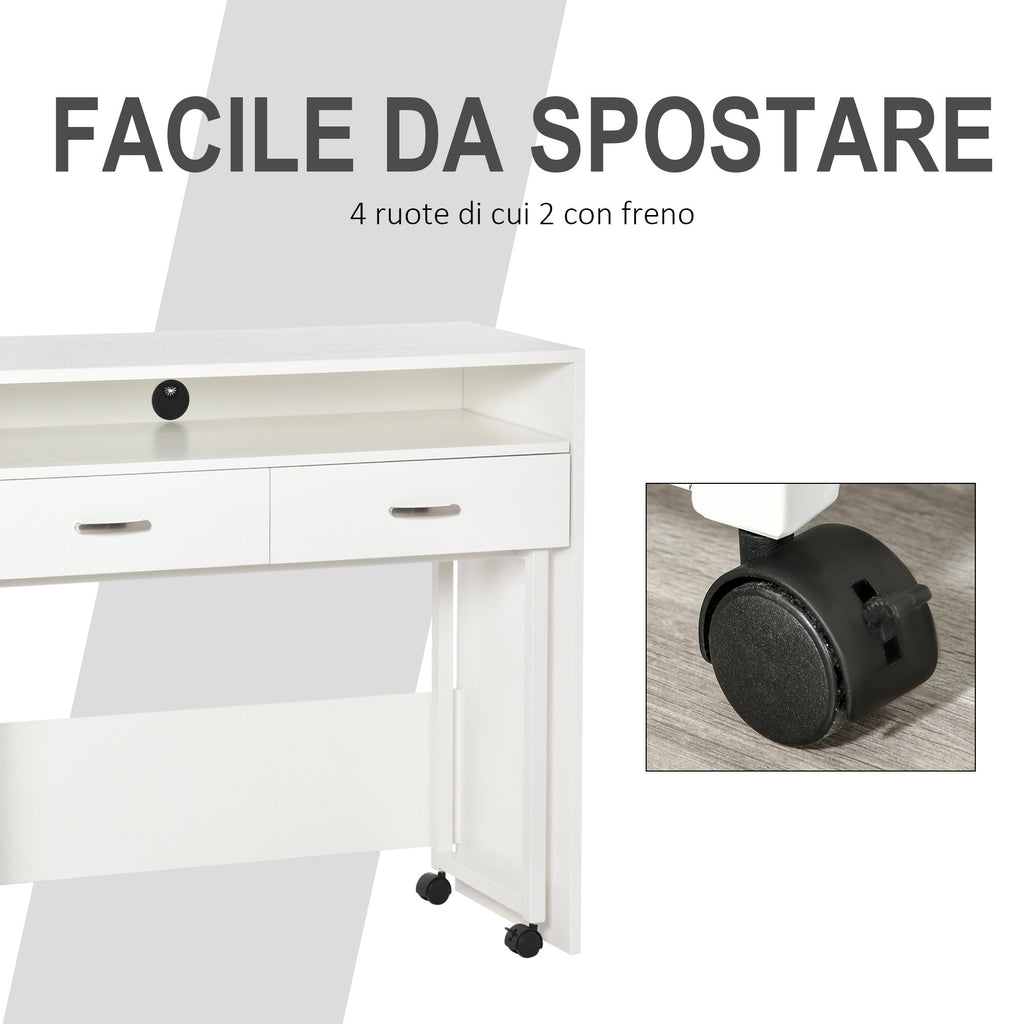 Easycomfort Tavolo Scrivania Salvaspazio per Camera e Ufficio, Scrivania with Cassetti e Ruote, Postazione di Lavoro Doppia o Singola, 100x36x88cm, white