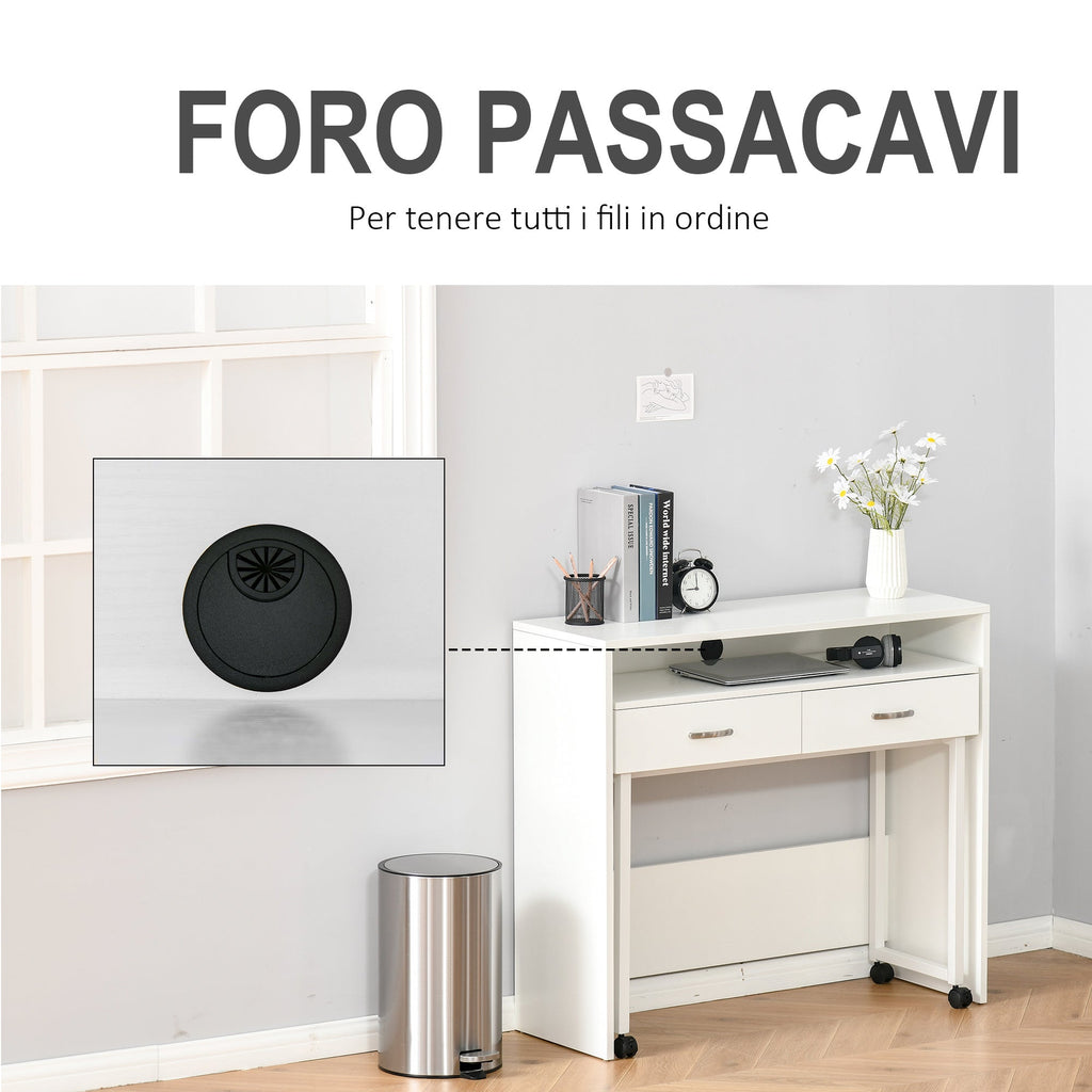 Easycomfort Tavolo Scrivania Salvaspazio per Camera e Ufficio, Scrivania with Cassetti e Ruote, Postazione di Lavoro Doppia o Singola, 100x36x88cm, white