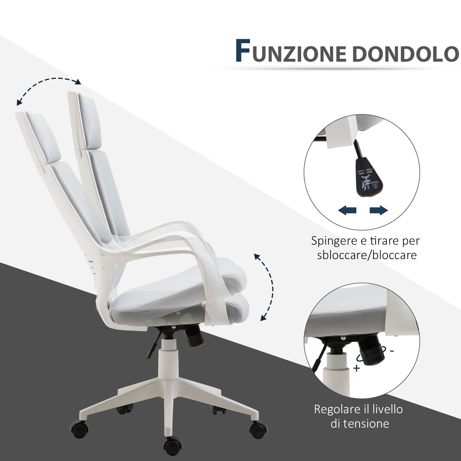Easycomfort Sedia da Ufficio with Funzione Dondolo, Poltrona Presidenziale in Tessuto Regolabile e Girevole, 63x63x117-127 cm, Grigio