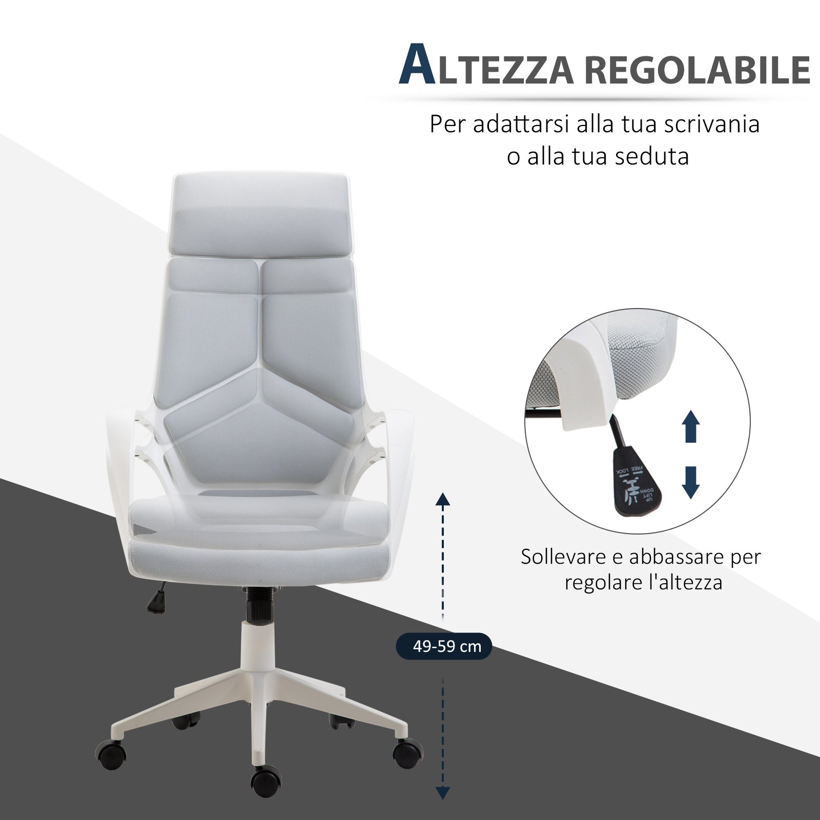 Easycomfort Sedia da Ufficio with Funzione Dondolo, Poltrona Presidenziale in Tessuto Regolabile e Girevole, 63x63x117-127 cm, Grigio