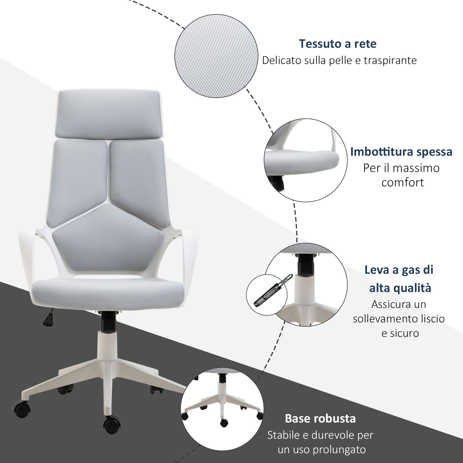 Easycomfort Sedia da Ufficio with Funzione Dondolo, Poltrona Presidenziale in Tessuto Regolabile e Girevole, 63x63x117-127 cm, Grigio