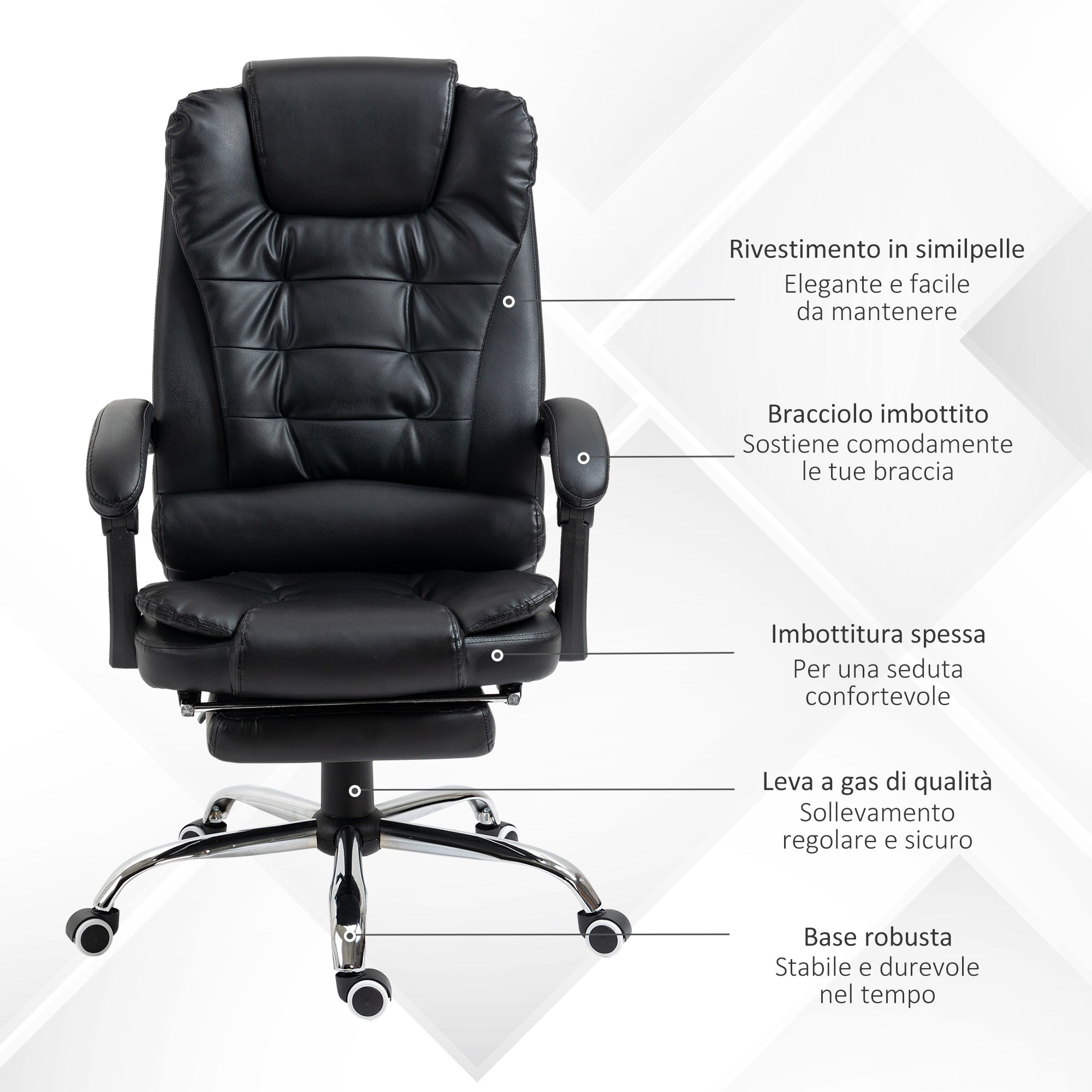 Easycomfort Sedia da Ufficio ad Altezza Regolabile with Schienale Reclinabile e Poggiapiedi, 64.5x69x109-117 cm, black