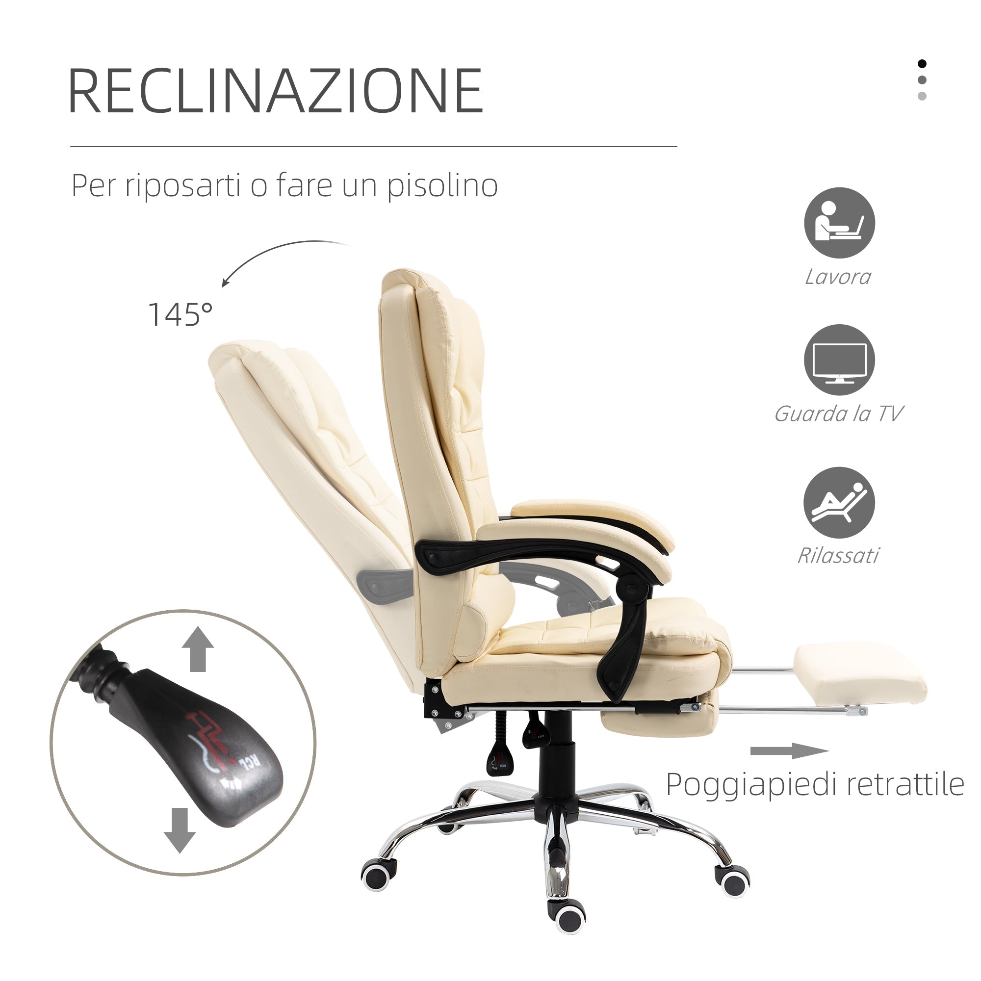 Easycomfort Poltrona Presidenziale in Similpelle Bianca with Schienale Reclinabile 145° e Poggiapiedi, 64.5x69x109-117 cm