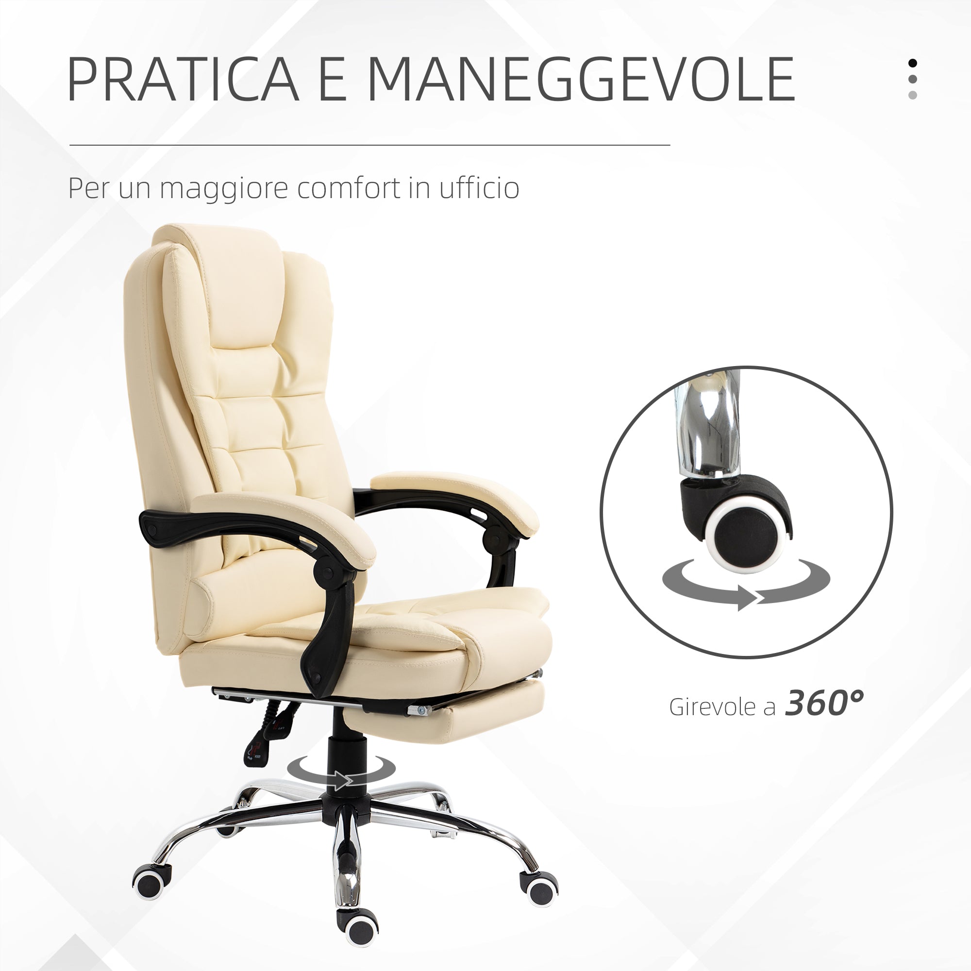 Easycomfort Poltrona Presidenziale in Similpelle Bianca with Schienale Reclinabile 145° e Poggiapiedi, 64.5x69x109-117 cm