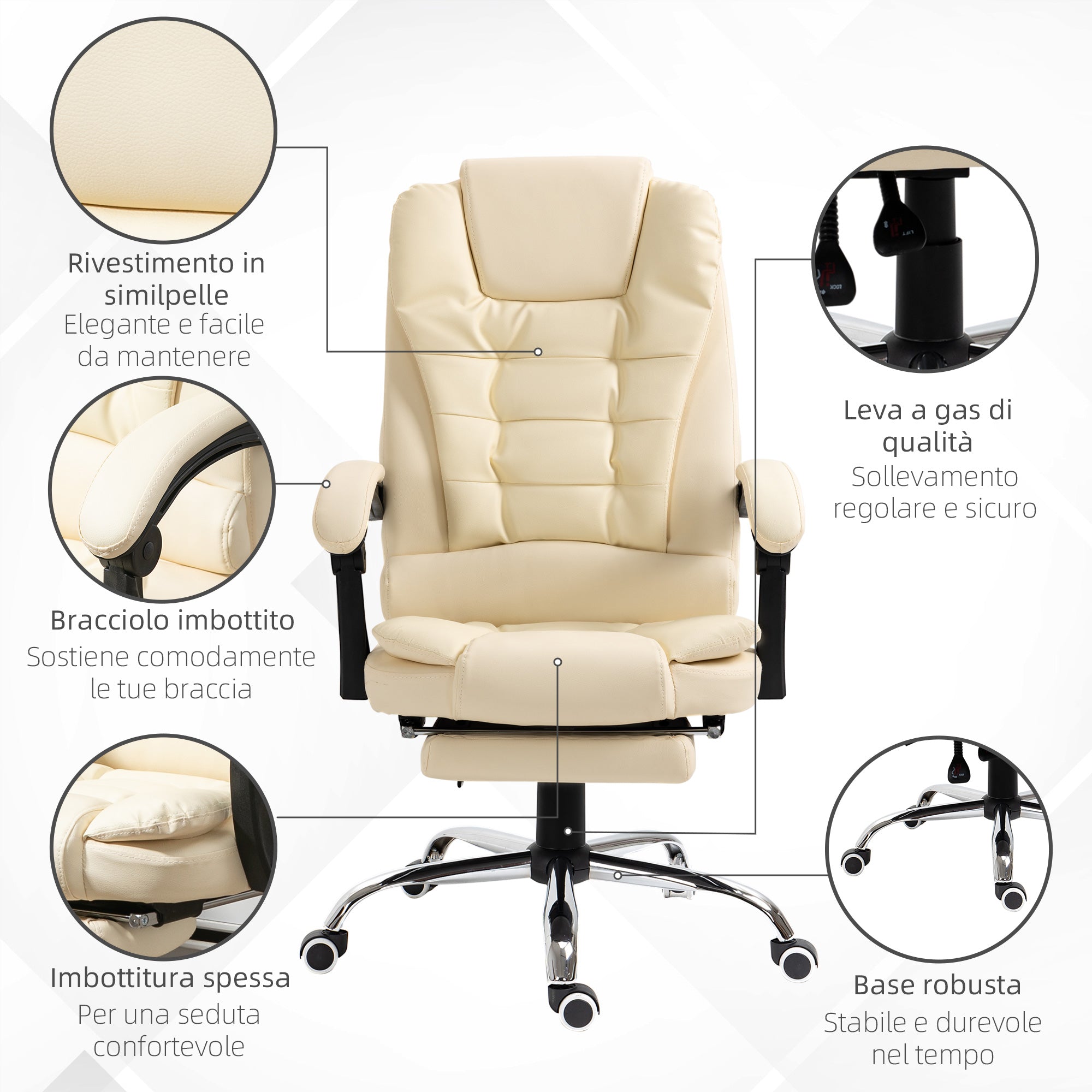 Easycomfort Poltrona Presidenziale in Similpelle Bianca with Schienale Reclinabile 145° e Poggiapiedi, 64.5x69x109-117 cm