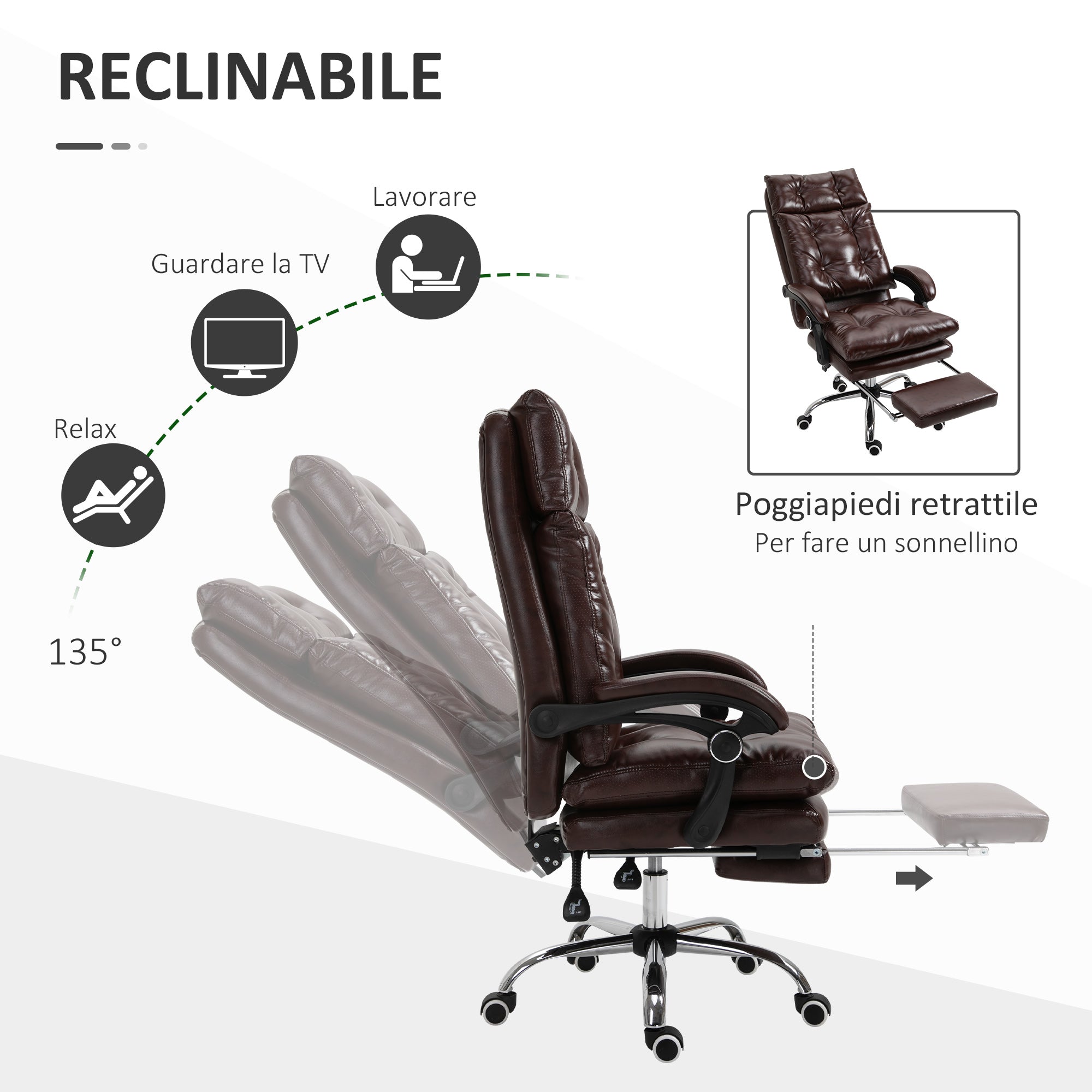 Easycomfort Poltrona Ufficio Presidenziale Similpelle Marrone Stile Chesterfield, Schienale Reclinabile 135° e Poggiapiedi
