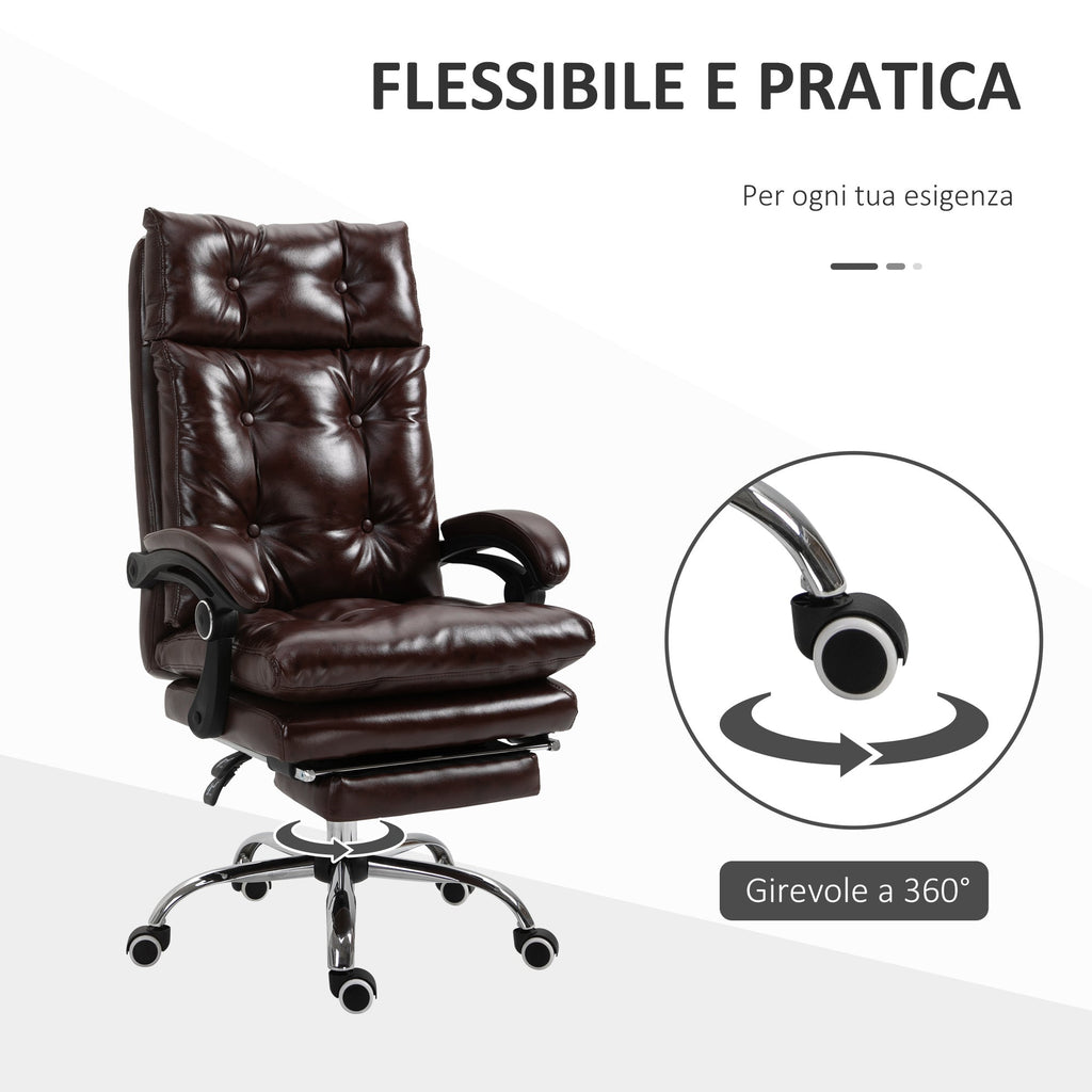 Easycomfort Poltrona Ufficio Presidenziale Similpelle Marrone Stile Chesterfield, Schienale Reclinabile 135° e Poggiapiedi