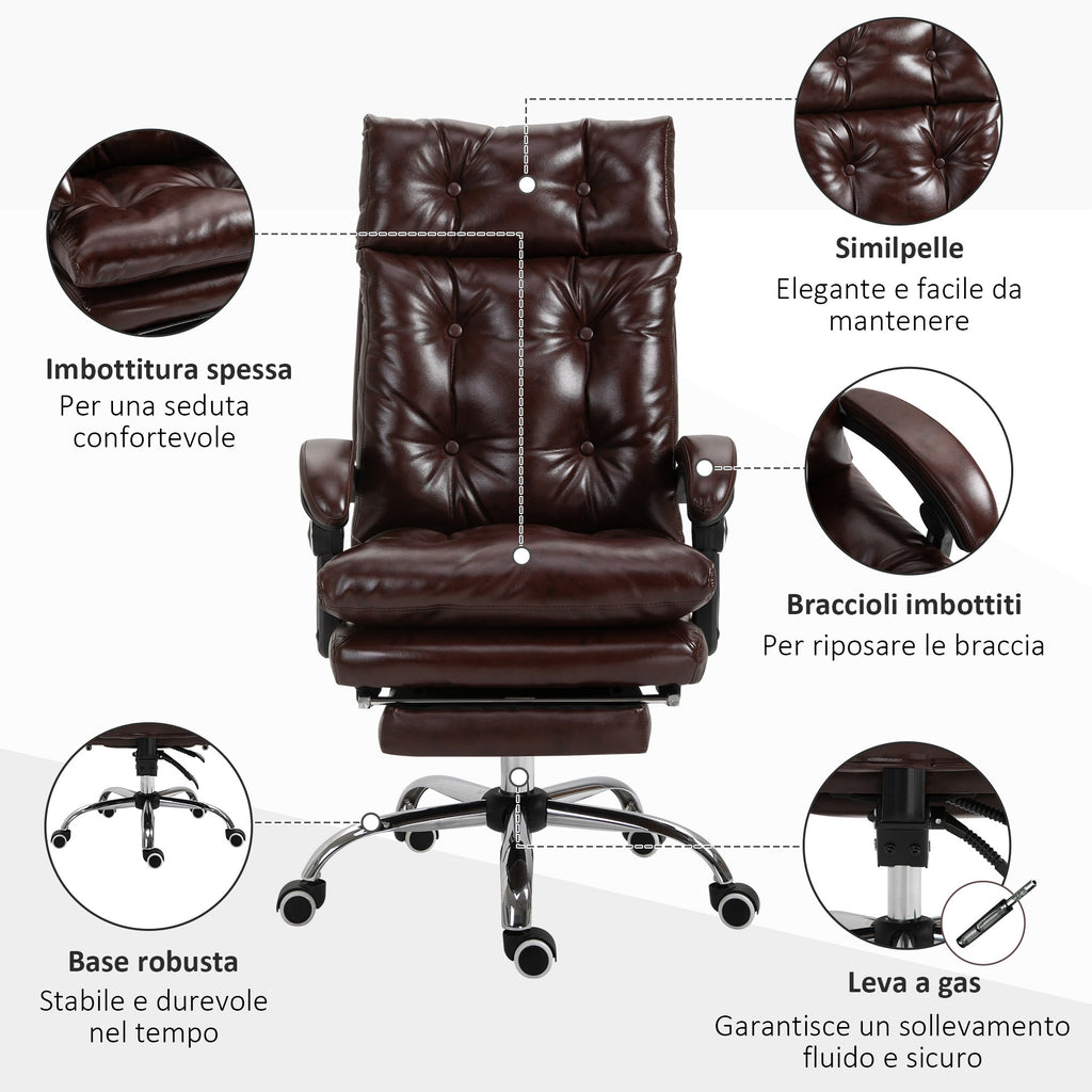 Easycomfort Poltrona Ufficio Presidenziale Similpelle Marrone Stile Chesterfield, Schienale Reclinabile 135° e Poggiapiedi