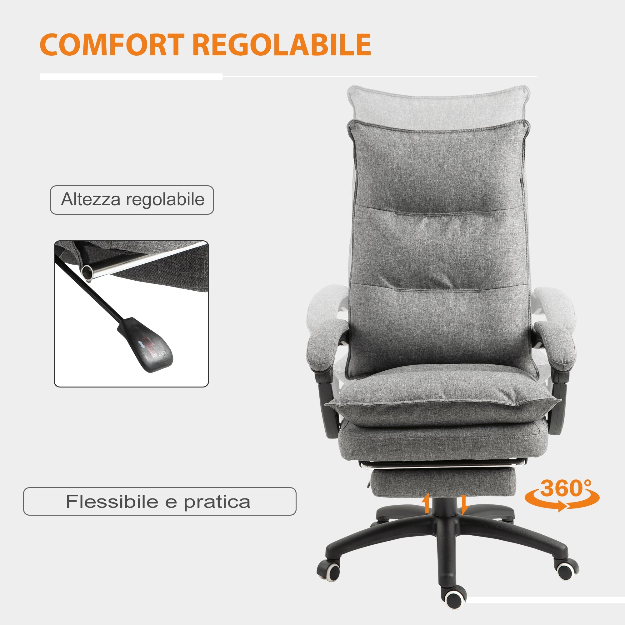 Easycomfort Sedia da Ufficio Imbottita with 6 Punti Massaggianti, Altezza Regolabile e Rotelle, 70x62x120-130 cm, Grigio