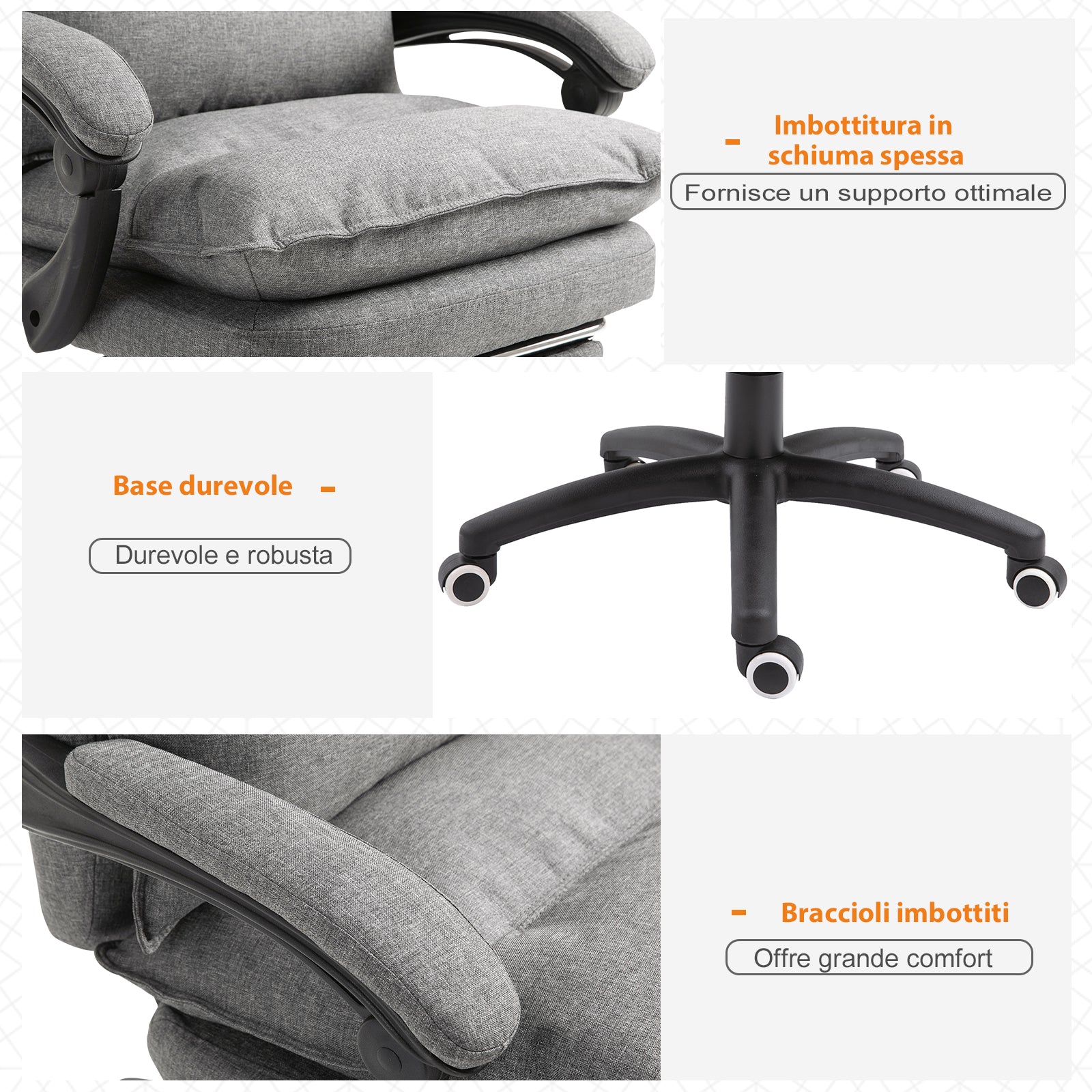 Easycomfort Sedia da Ufficio Imbottita with 6 Punti Massaggianti, Altezza Regolabile e Rotelle, 70x62x120-130 cm, Grigio