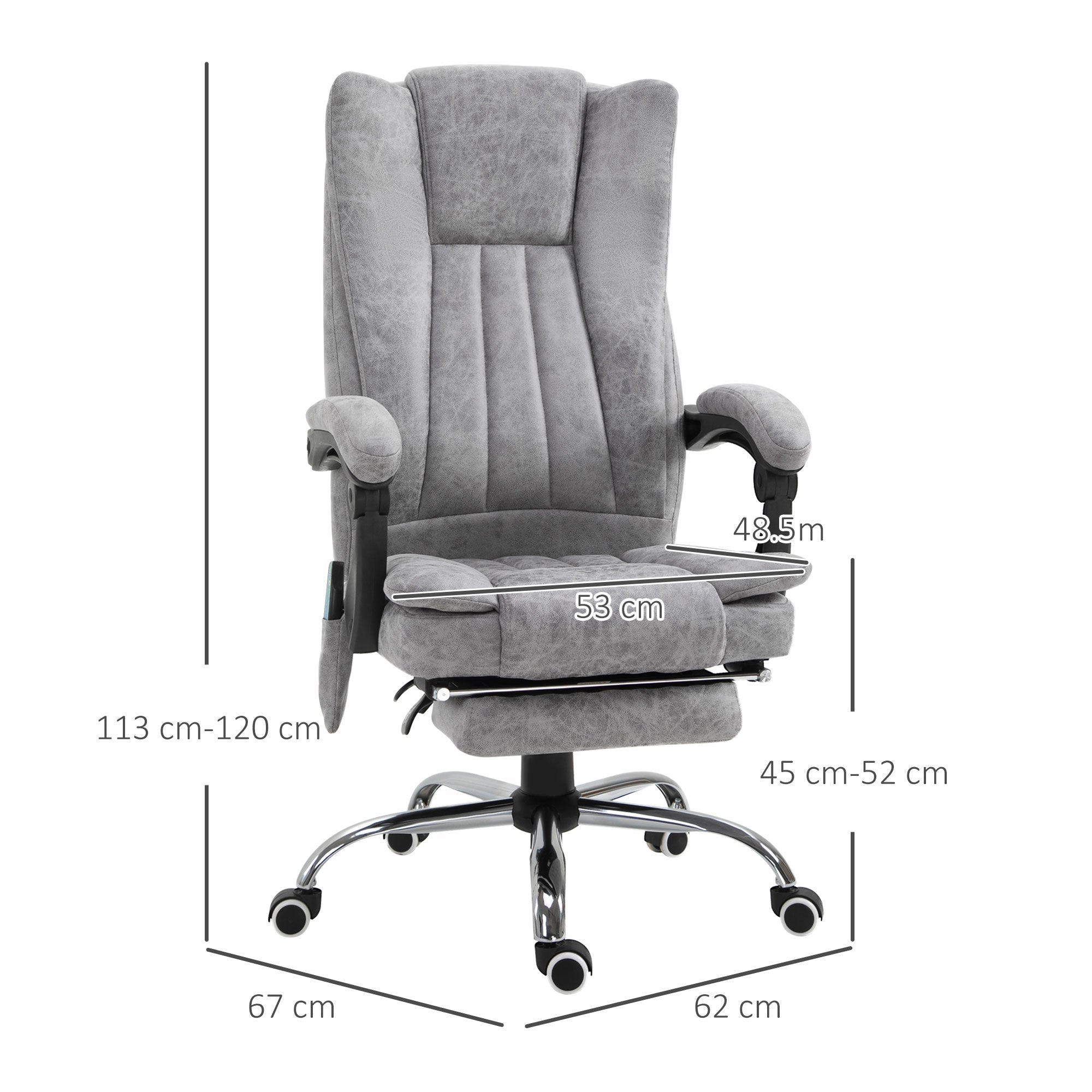 Easycomfort Poltrona da Ufficio Massaggiante Riscaldante, Altezza e Reclinazione Regolabili, Poggiapiedi Retrattile, 62x67x113-120cm, Grigio