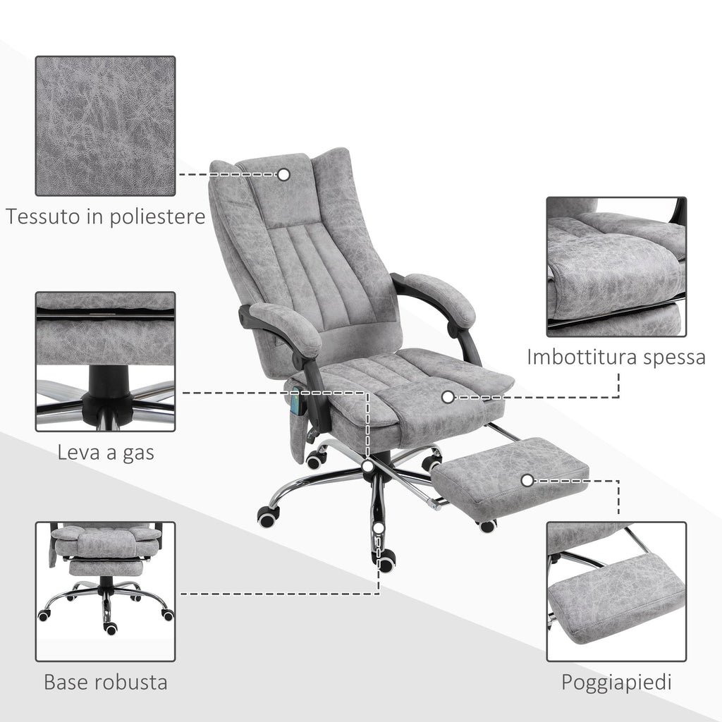 Easycomfort Poltrona da Ufficio Massaggiante Riscaldante, Altezza e Reclinazione Regolabili, Poggiapiedi Retrattile, 62x67x113-120cm, Grigio