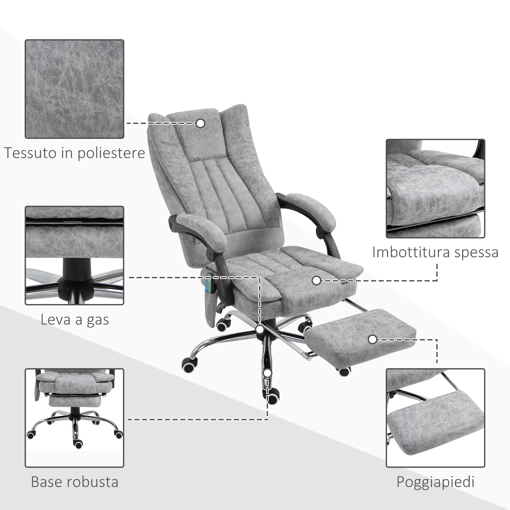Easycomfort Poltrona da Ufficio Massaggiante Riscaldante, Altezza e Reclinazione Regolabili, Poggiapiedi Retrattile, 62x67x113-120cm, Grigio