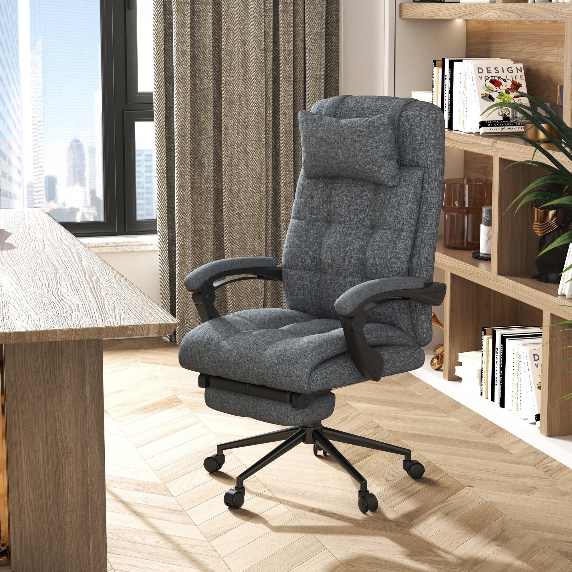 Easycomfort Sedia da Ufficio Ergonomica Reclinabile, Sedia Direzionale with Schiena Alta, Poltrona Ufficio with Poggiatesta e Poggiapiedi Estraibile, 66x76x112-120cm, Grigio