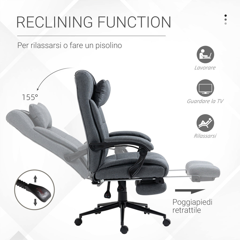 Easycomfort Sedia da Ufficio Ergonomica Reclinabile, Sedia Direzionale with Schiena Alta, Poltrona Ufficio with Poggiatesta e Poggiapiedi Estraibile, 66x76x112-120cm, Grigio