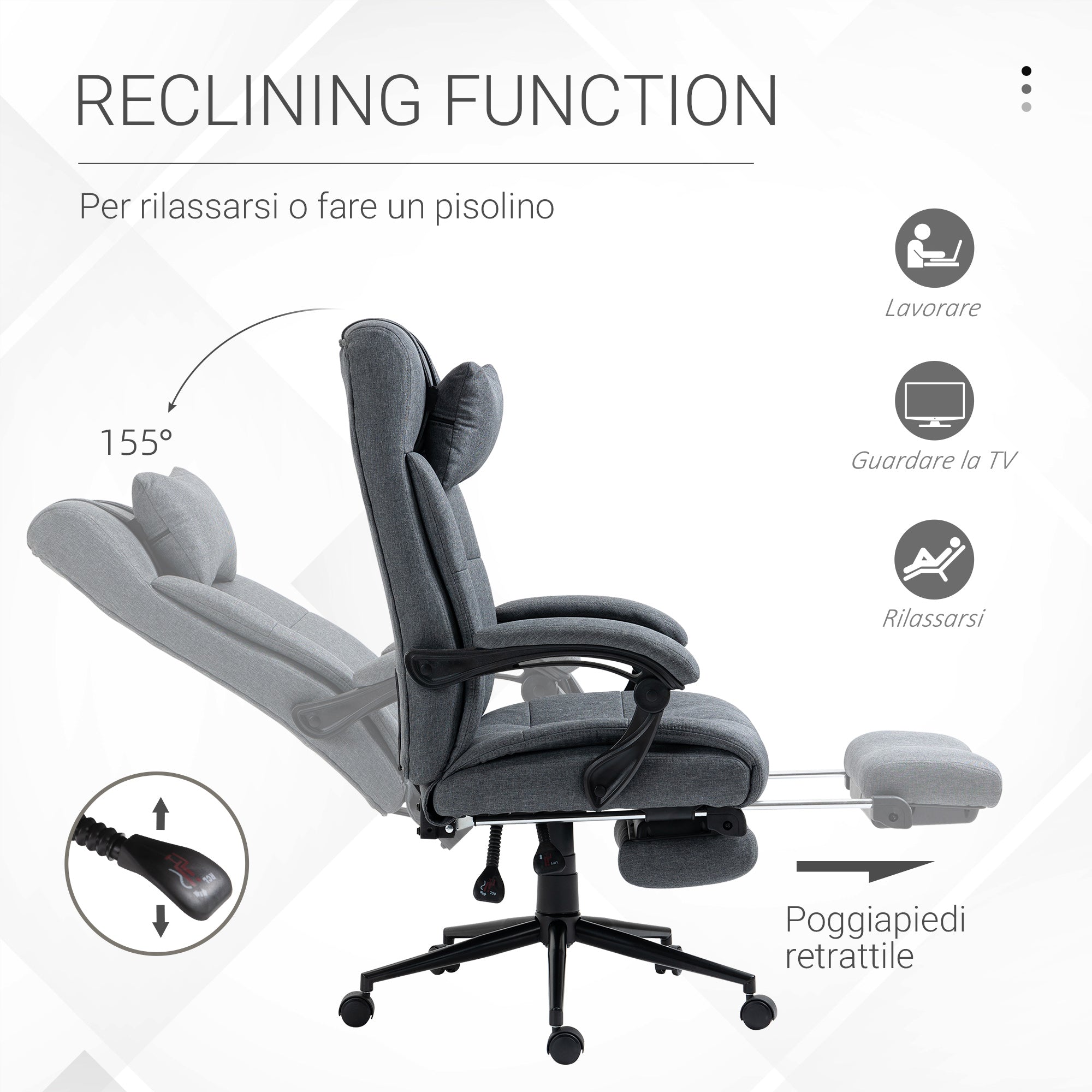 Easycomfort Sedia da Ufficio Ergonomica Reclinabile, Sedia Direzionale with Schiena Alta, Poltrona Ufficio with Poggiatesta e Poggiapiedi Estraibile, 66x76x112-120cm, Grigio
