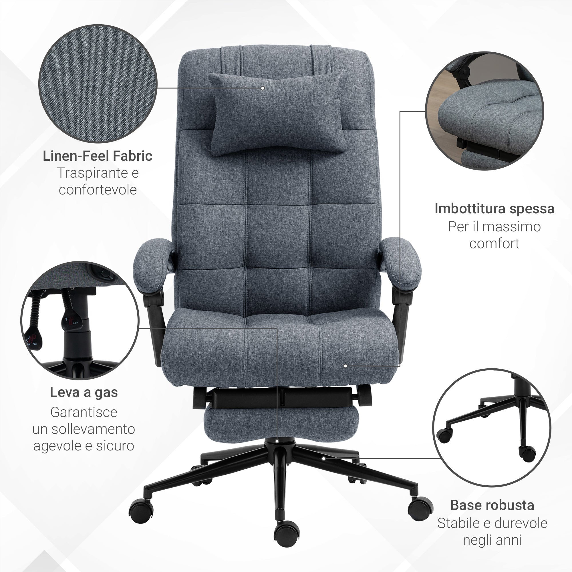 Easycomfort Sedia da Ufficio Ergonomica Reclinabile, Sedia Direzionale with Schiena Alta, Poltrona Ufficio with Poggiatesta e Poggiapiedi Estraibile, 66x76x112-120cm, Grigio