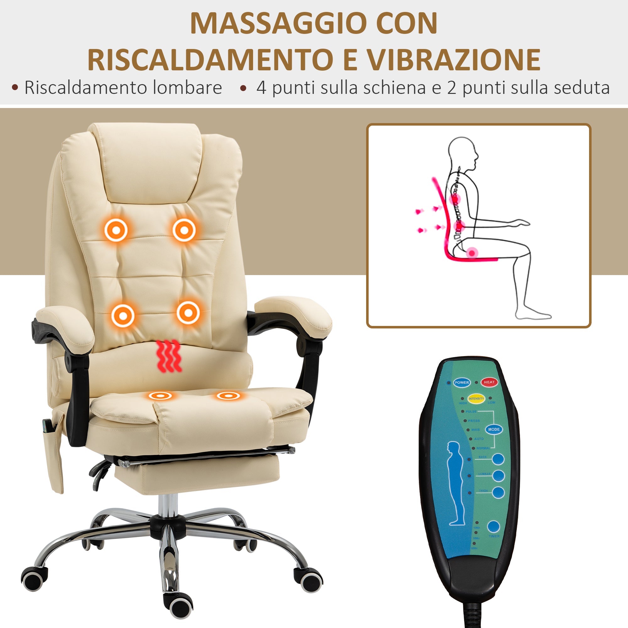 Easycomfort Poltrona Massaggiante Ergonomica ad Altezza Regolabile with 6 Punti Vibranti, 65x160x104 cm, Crema
