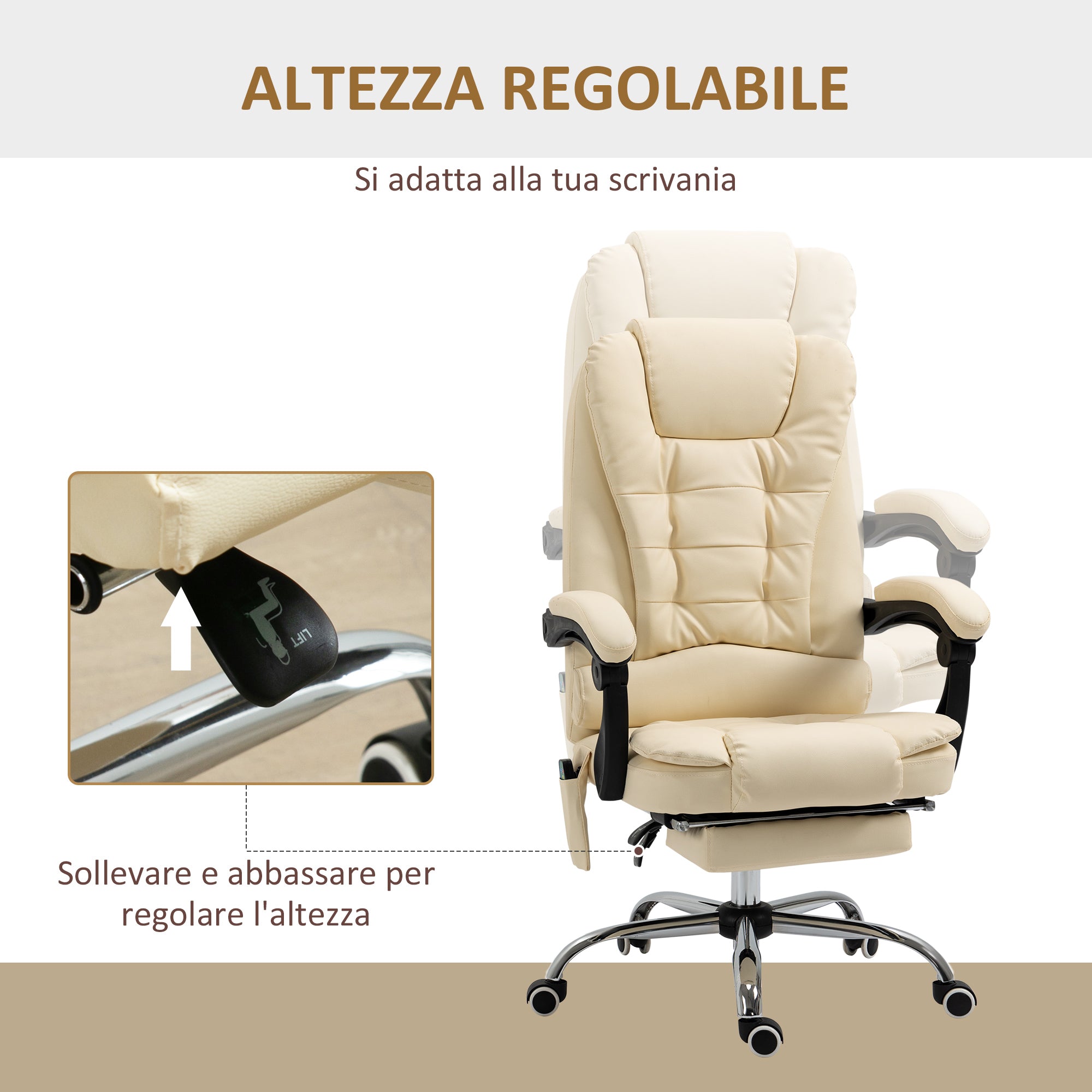 Easycomfort Poltrona Massaggiante Ergonomica ad Altezza Regolabile with 6 Punti Vibranti, 65x160x104 cm, Crema