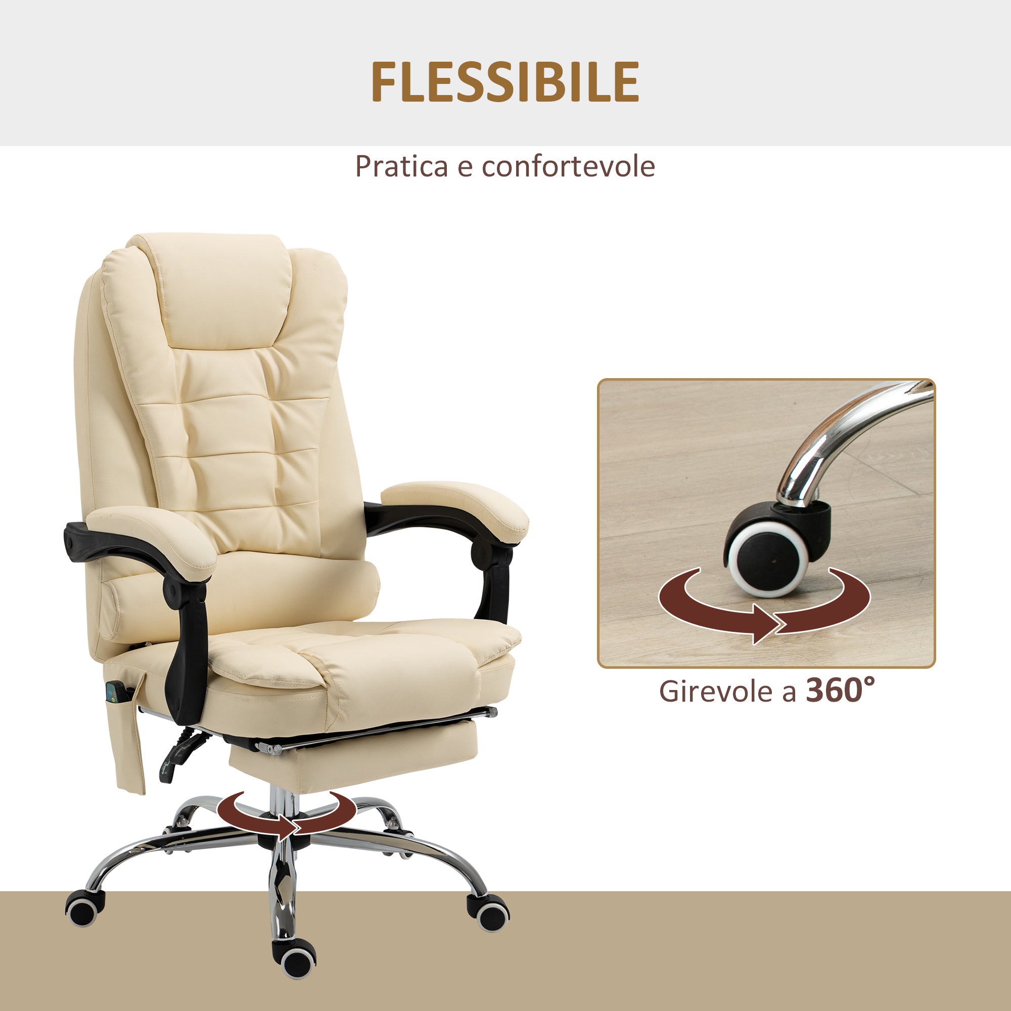 Easycomfort Poltrona Massaggiante Ergonomica ad Altezza Regolabile with 6 Punti Vibranti, 65x160x104 cm, Crema