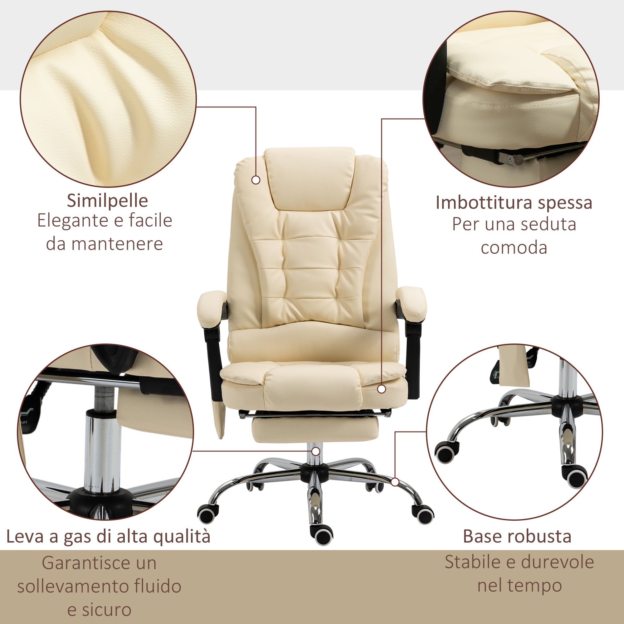 Easycomfort Poltrona Massaggiante Ergonomica ad Altezza Regolabile with 6 Punti Vibranti, 65x160x104 cm, Crema