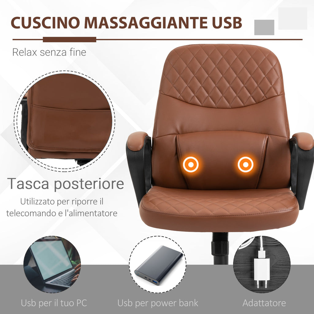 Easycomfort Sedia da Ufficio a Dondolo with 2 Punti Massaggianti e Porta USB, Poltrona da Ufficio in Finta Pelle Marrone with Altezza Regolabile, 59x63x92-101cm