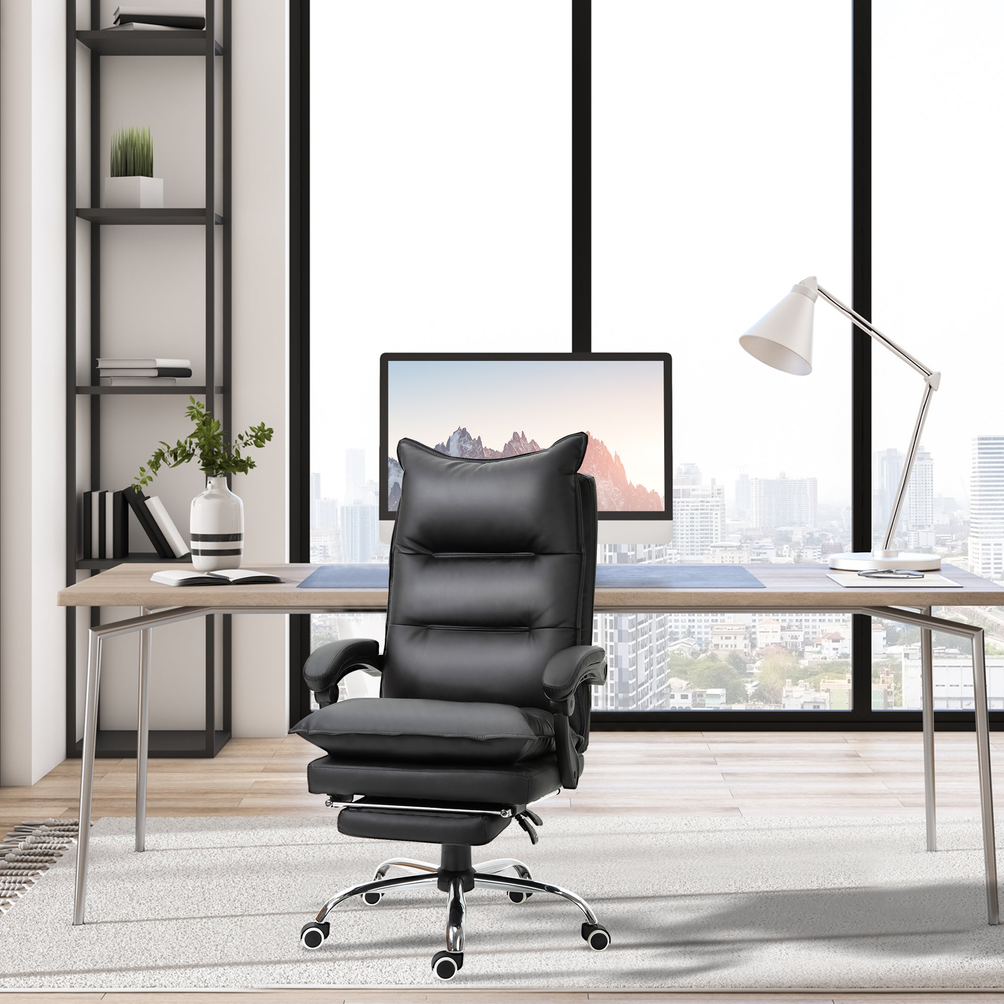 Easycomfort Poltrona da Ufficio in Finta Pelle Nera, Sedia Direzionale Altezza Regolabile with Schiena Alta Reclinabile 155° e Poggiapiedi