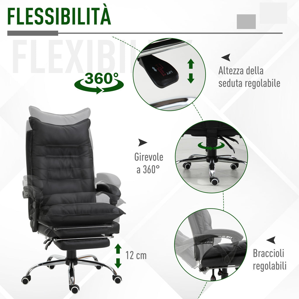 Easycomfort Poltrona da Ufficio in Finta Pelle Nera, Sedia Direzionale Altezza Regolabile with Schiena Alta Reclinabile 155° e Poggiapiedi