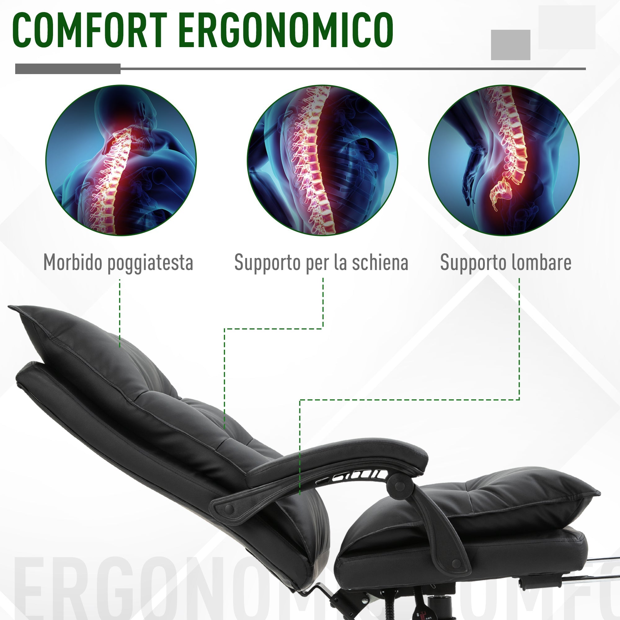 Easycomfort Poltrona da Ufficio in Finta Pelle Nera, Sedia Direzionale Altezza Regolabile with Schiena Alta Reclinabile 155° e Poggiapiedi