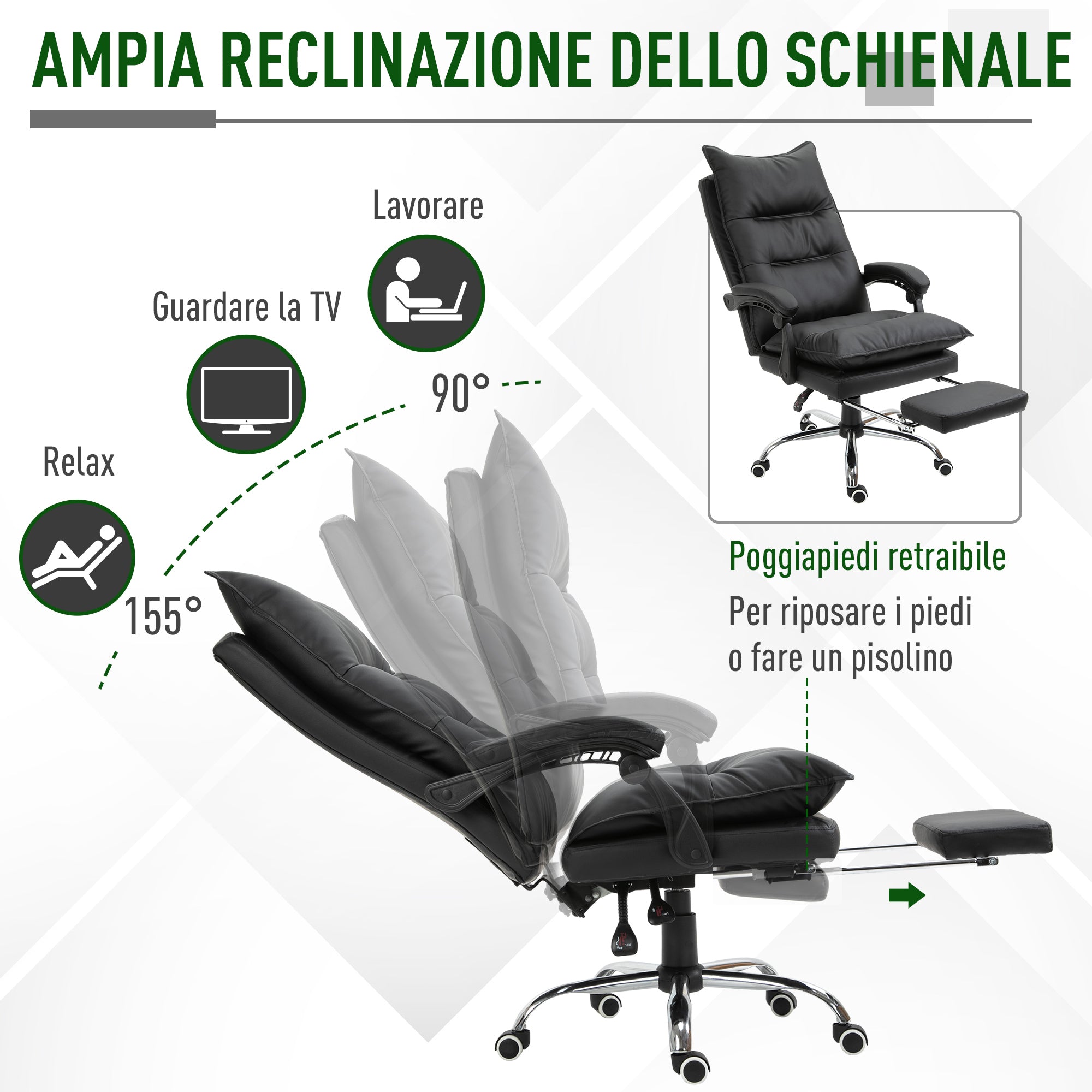 Easycomfort Poltrona da Ufficio in Finta Pelle Nera, Sedia Direzionale Altezza Regolabile with Schiena Alta Reclinabile 155° e Poggiapiedi