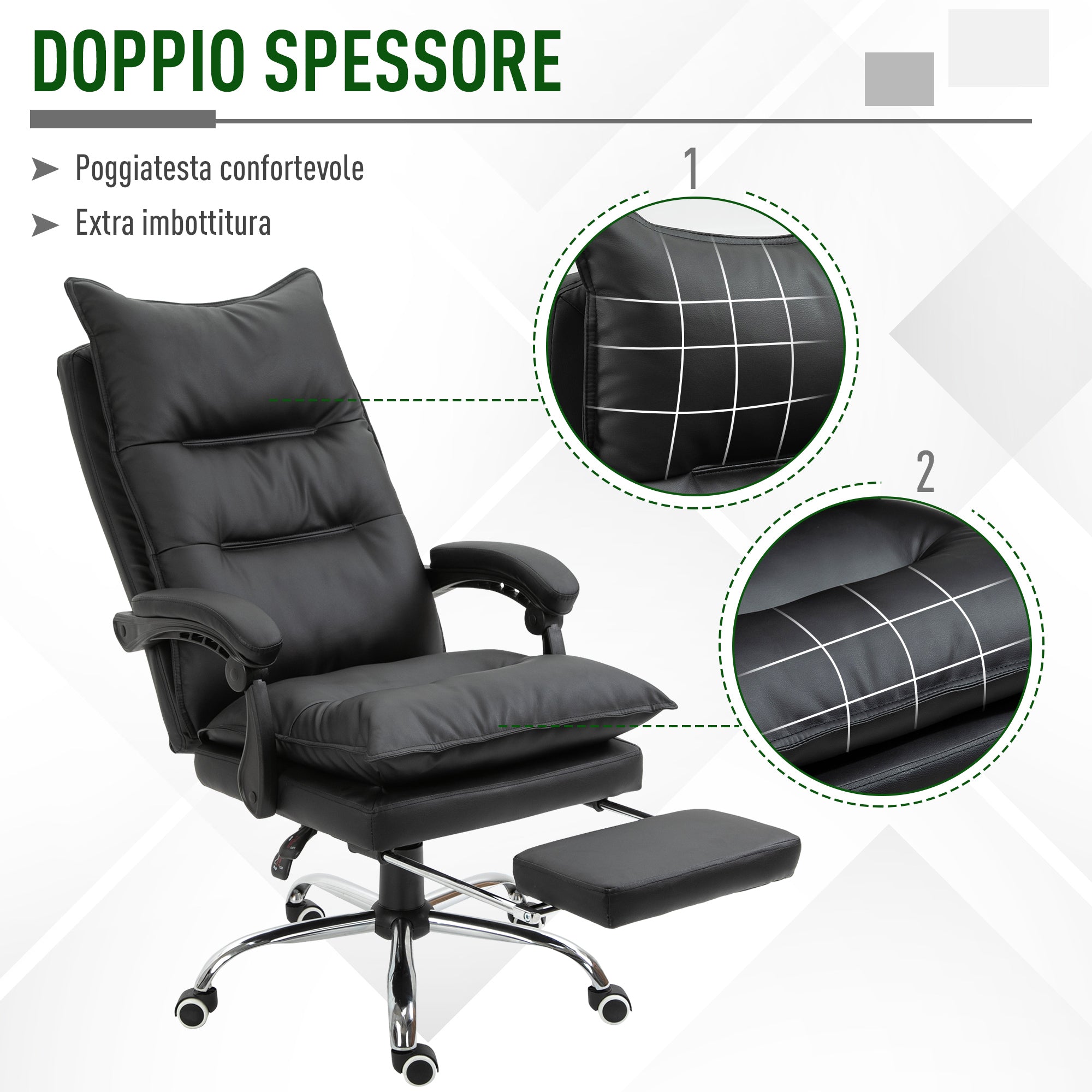 Easycomfort Poltrona da Ufficio in Finta Pelle Nera, Sedia Direzionale Altezza Regolabile with Schiena Alta Reclinabile 155° e Poggiapiedi