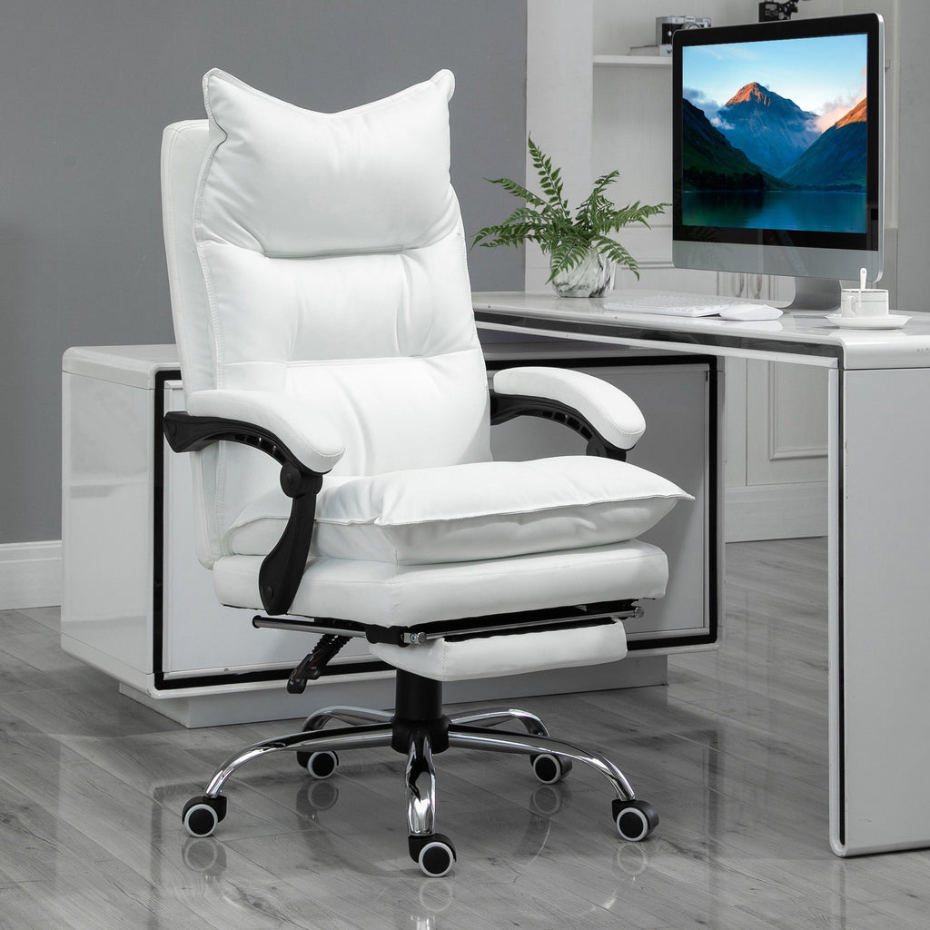Easycomfort Poltrona da Ufficio in Finta Pelle Bianca, Altezza Regolabile with Schienale Reclinabile 155° e Poggiapiedi