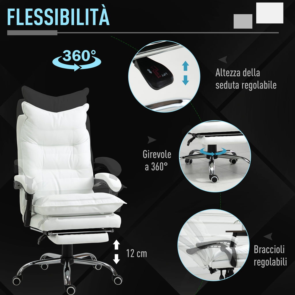 Easycomfort Poltrona da Ufficio in Finta Pelle Bianca, Altezza Regolabile with Schienale Reclinabile 155° e Poggiapiedi