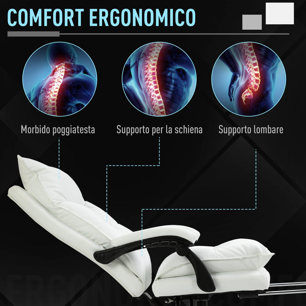 Easycomfort Poltrona da Ufficio in Finta Pelle Bianca, Altezza Regolabile with Schienale Reclinabile 155° e Poggiapiedi