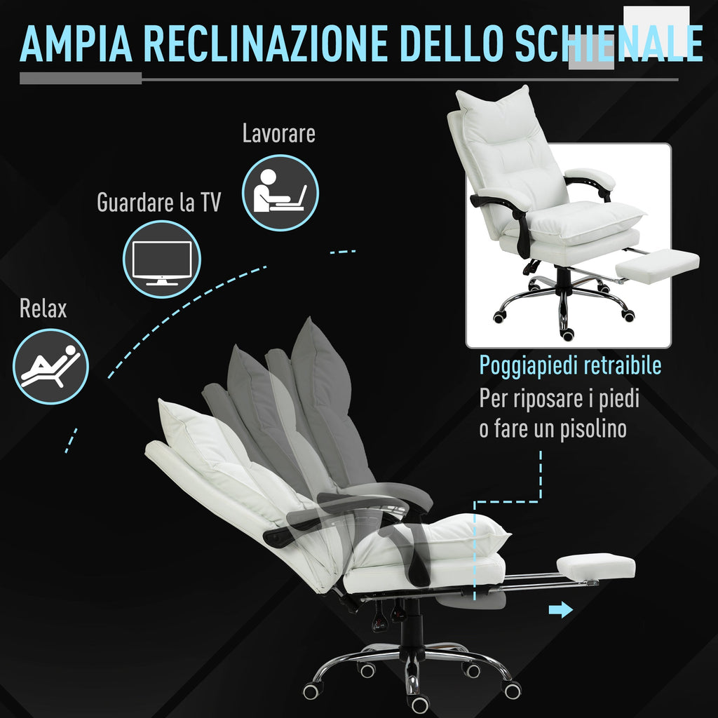 Easycomfort Poltrona da Ufficio in Finta Pelle Bianca, Altezza Regolabile with Schienale Reclinabile 155° e Poggiapiedi
