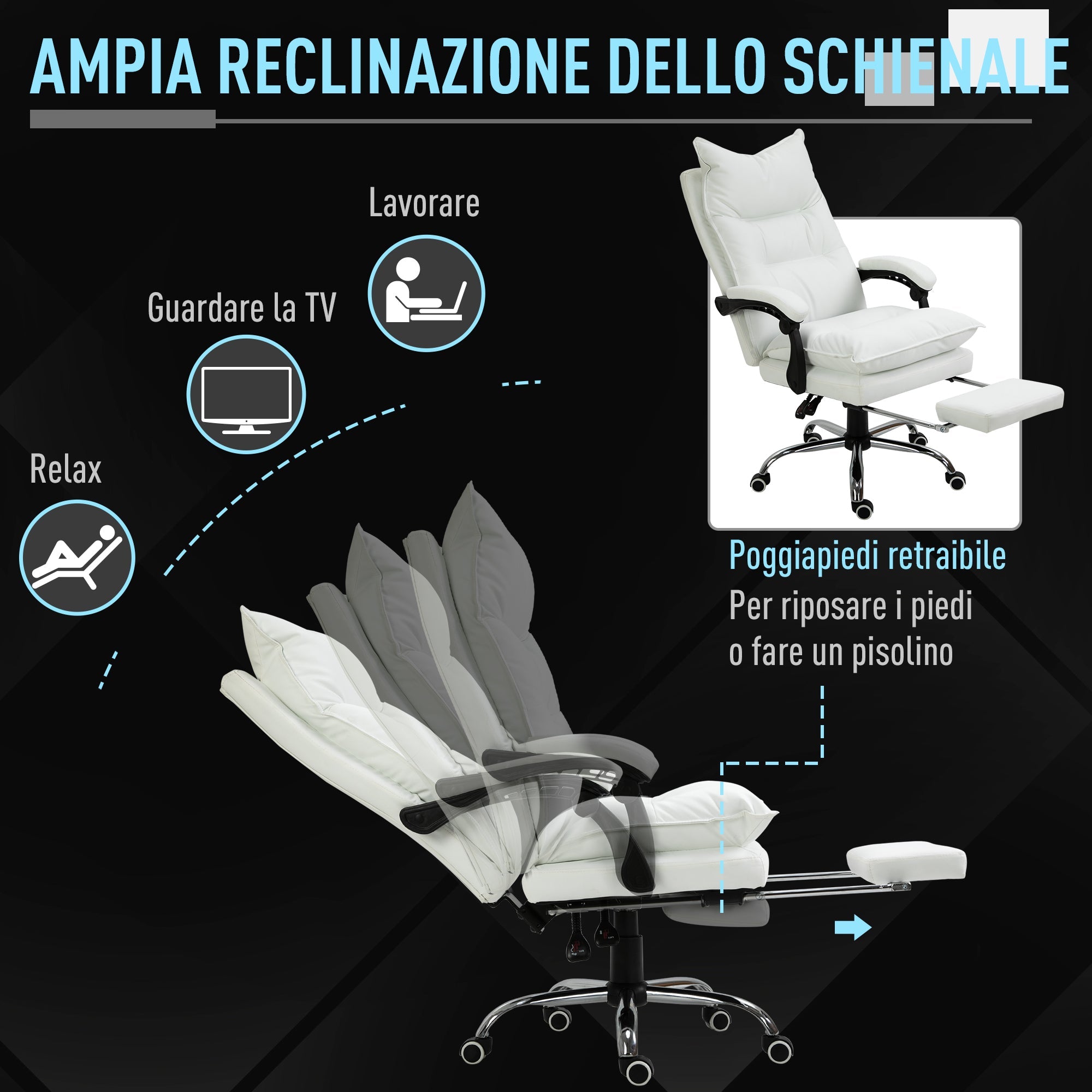 Easycomfort Poltrona da Ufficio in Finta Pelle Bianca, Altezza Regolabile with Schienale Reclinabile 155° e Poggiapiedi