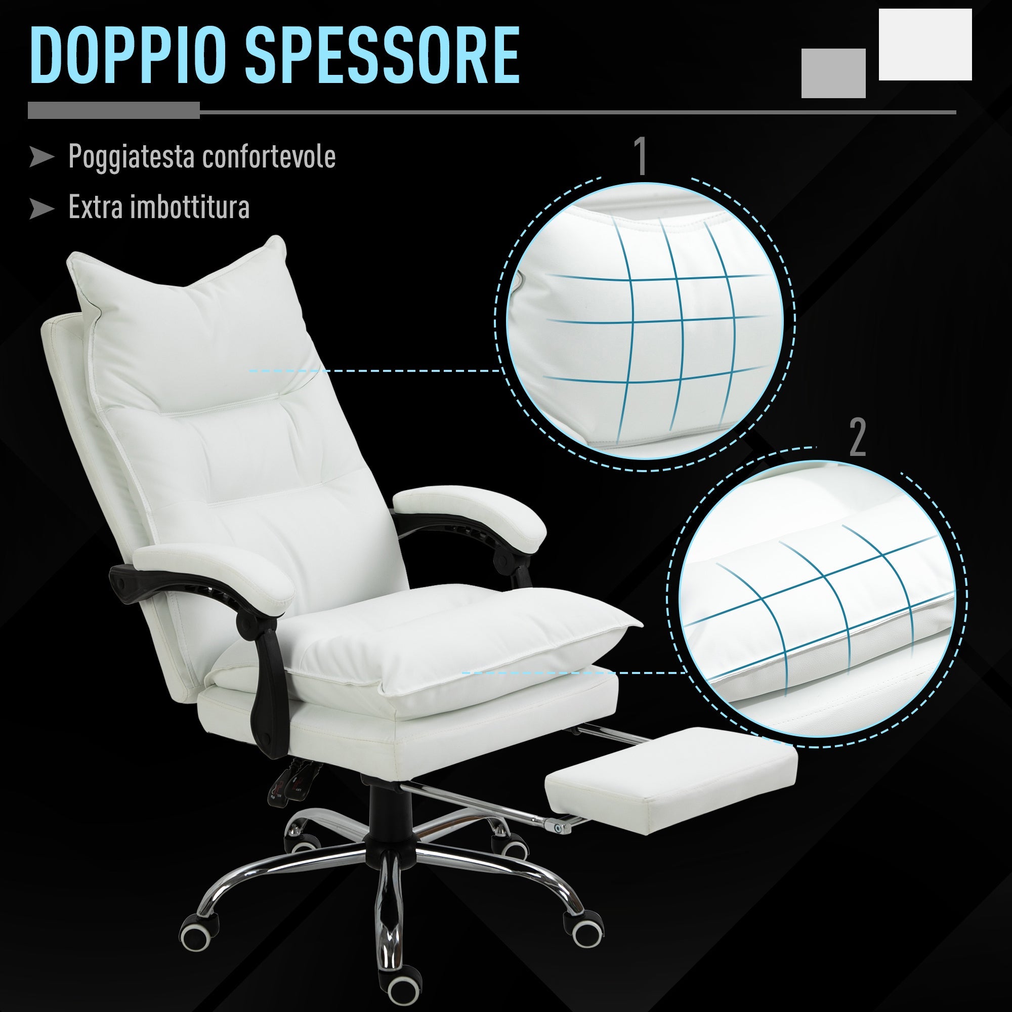 Easycomfort Poltrona da Ufficio in Finta Pelle Bianca, Altezza Regolabile with Schienale Reclinabile 155° e Poggiapiedi