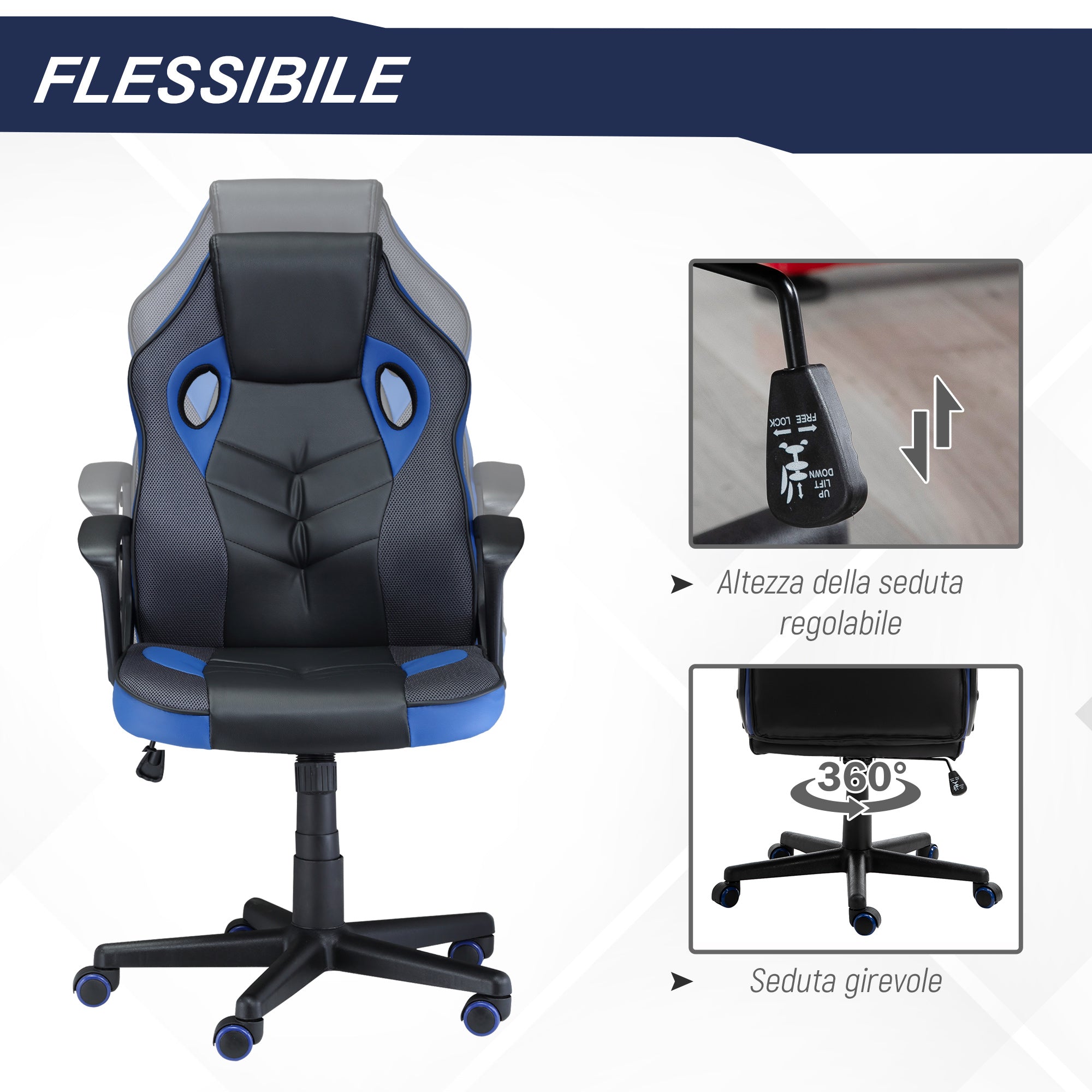 EasyComfort ergonomische gamestoel zwart/blauw, verstelbare hoogte