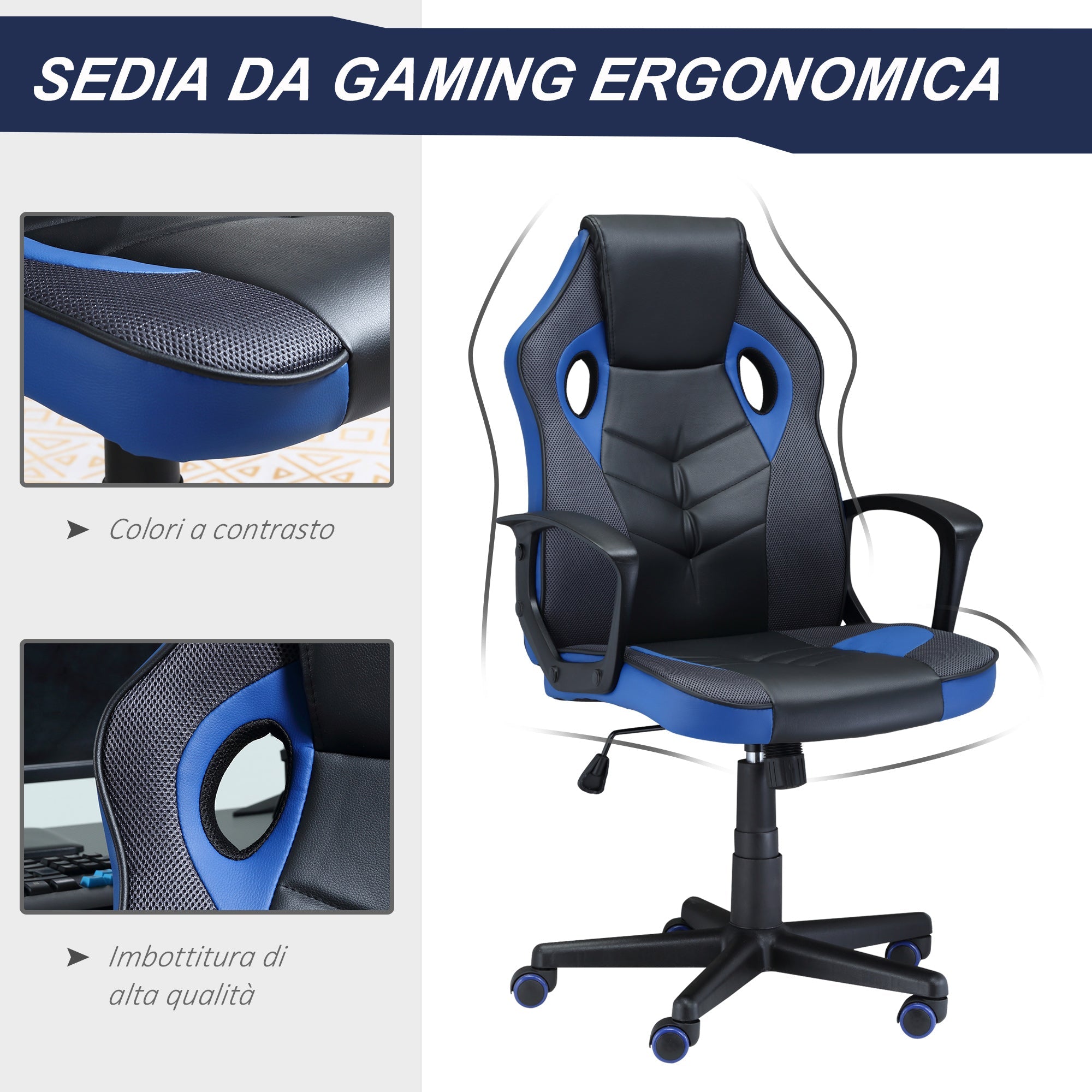 EasyComfort ergonomische gamestoel zwart/blauw, verstelbare hoogte