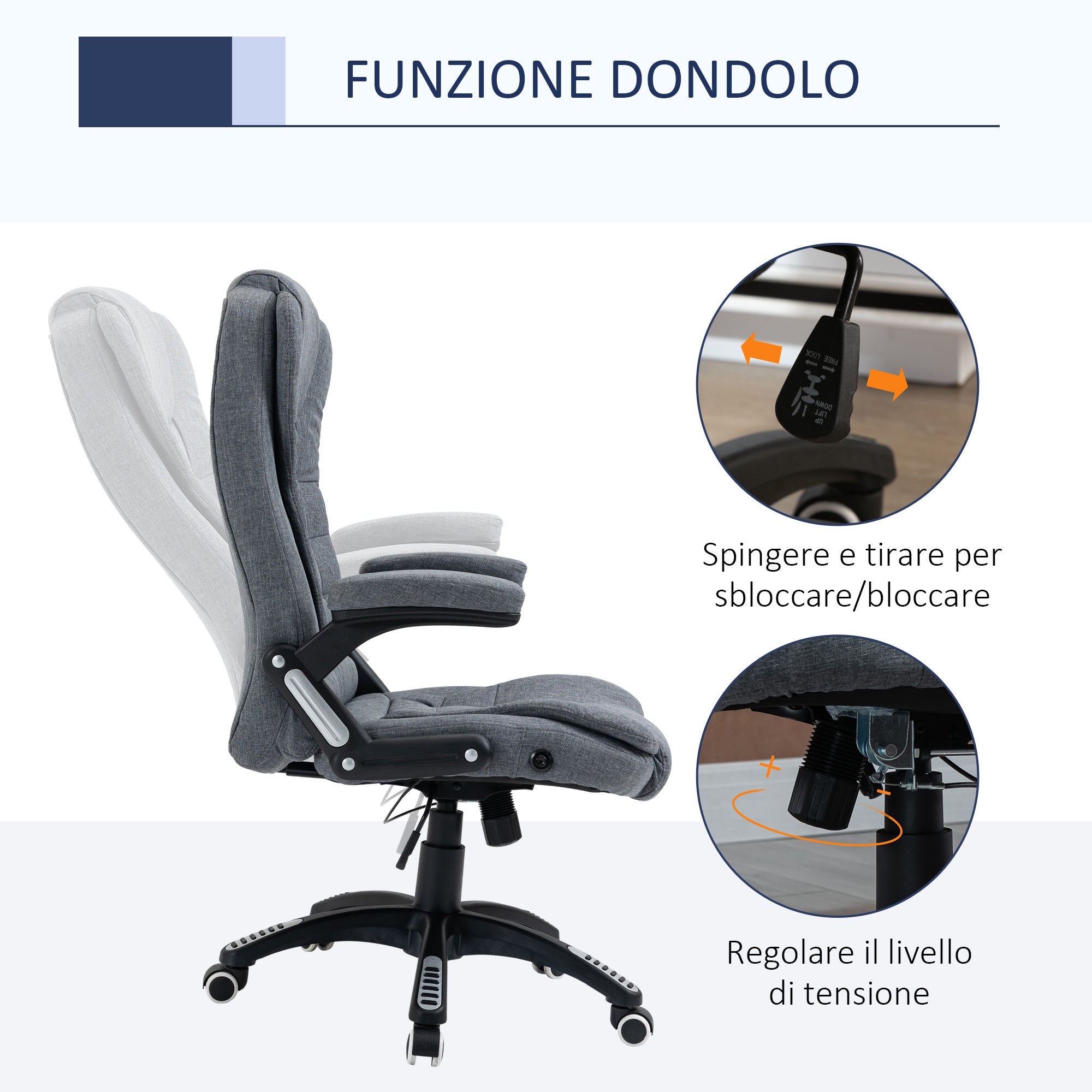 Easycomfort Sedia da Ufficio Ergonomica Reclinabile, Altezza Regolabile e Dondolamento, Poltrona Girevole with Ruote, 65x72x110-120cm, Grigio