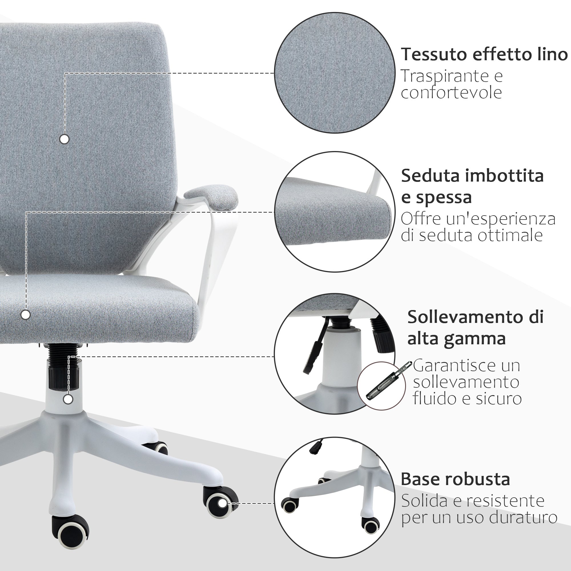 Easycomfort Sedia da Ufficio Ergonomica, Altezza Regolabile e Funzione Dondolo, Poltrona Girevole with Ruote, 62x69x92-100cm, Grigio white