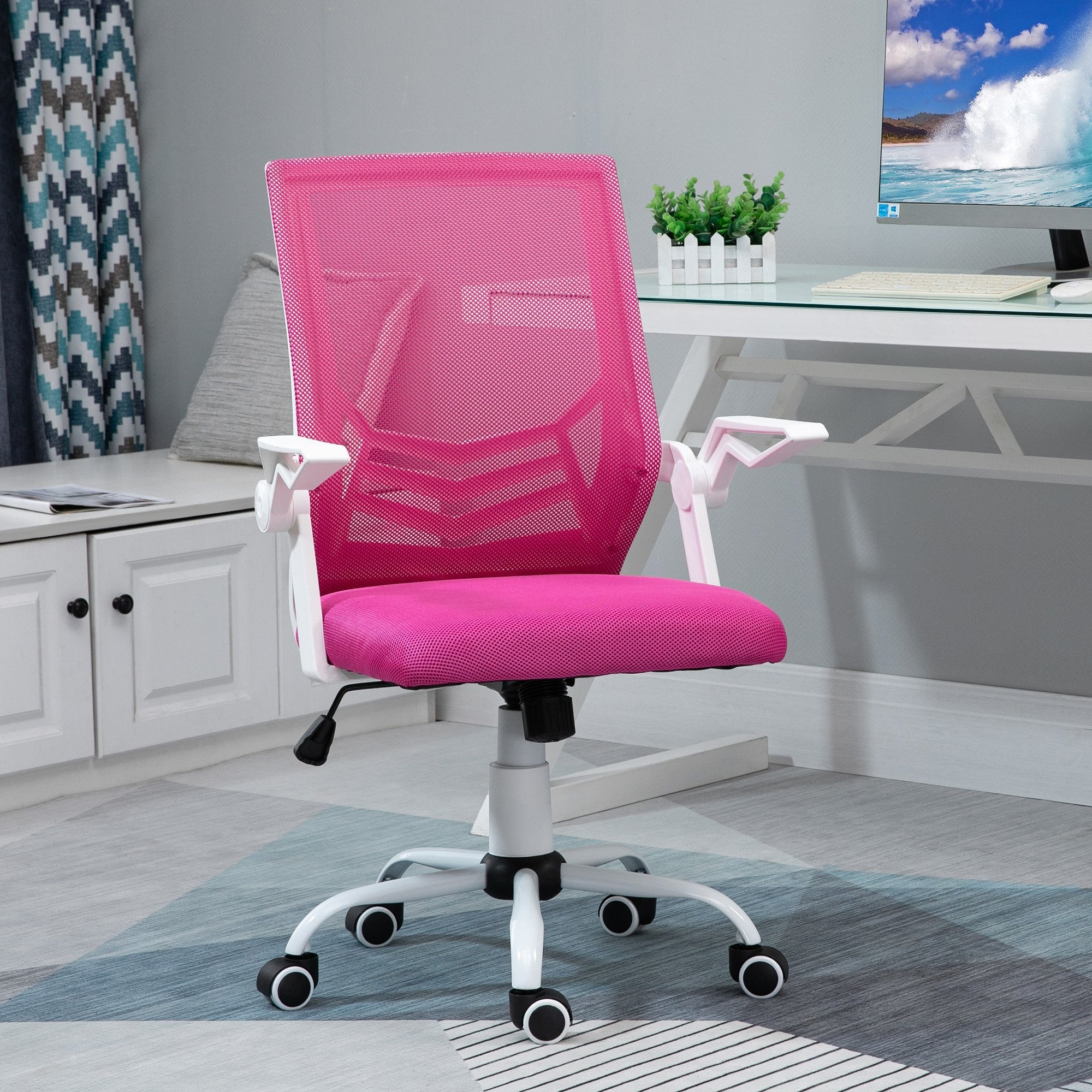 Easycomfort Sedia da Ufficio Ergonomica with Braccioli e Supporto Lombare, Poltrona Ufficio Girevole e Altezza Regolabile in Tessuto Rosa