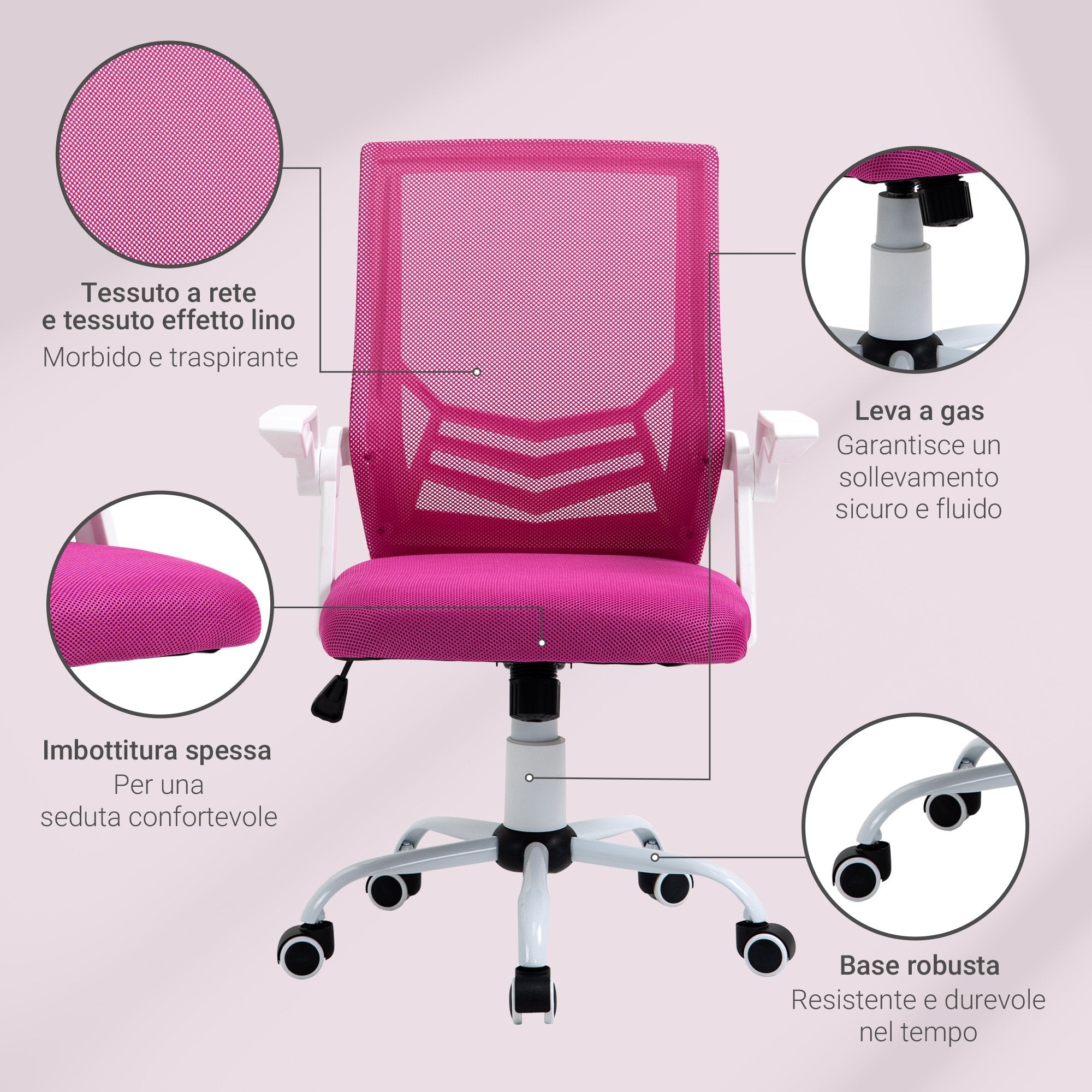 Easycomfort Sedia da Ufficio Ergonomica with Braccioli e Supporto Lombare, Poltrona Ufficio Girevole e Altezza Regolabile in Tessuto Rosa