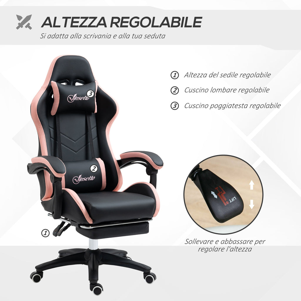 EasyComfort gamingstoel roze/zwart met voetensteun 65x65x121-129 cm