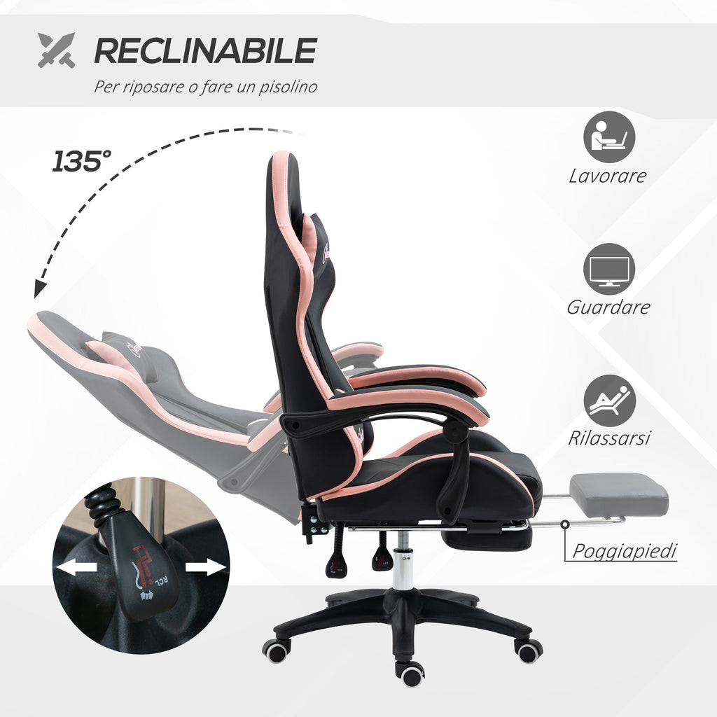 EasyComfort gamingstoel roze/zwart met voetensteun 65x65x121-129 cm