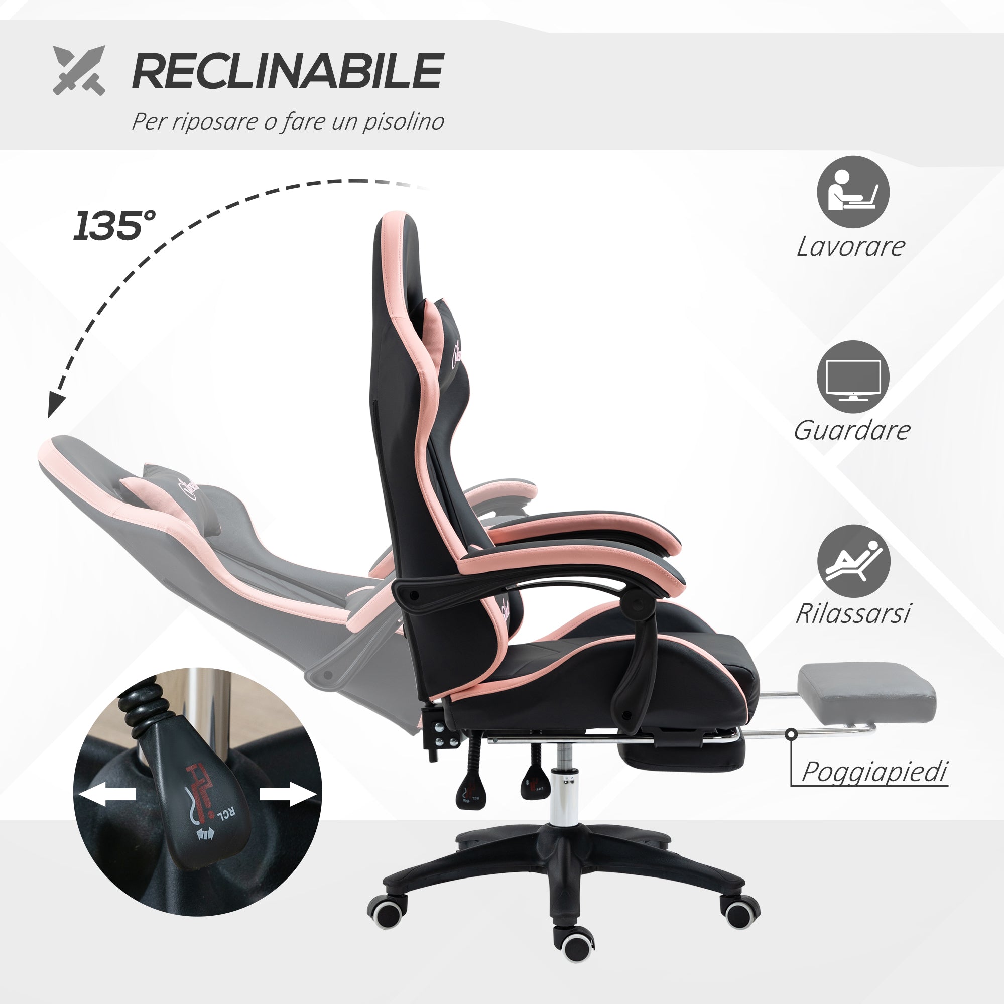 EasyComfort gamingstoel roze/zwart met voetensteun 65x65x121-129 cm