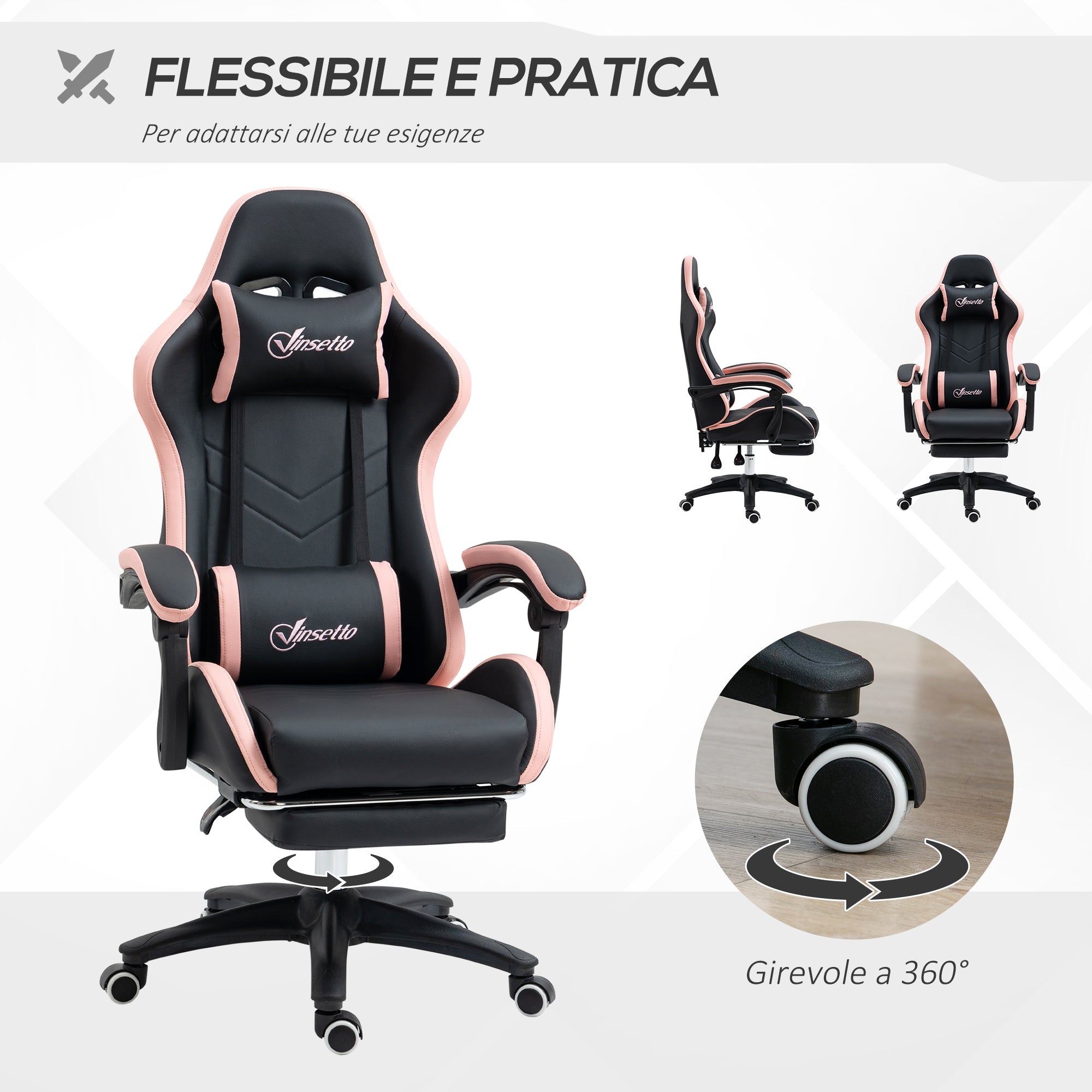 EasyComfort gamingstoel roze/zwart met voetensteun 65x65x121-129 cm