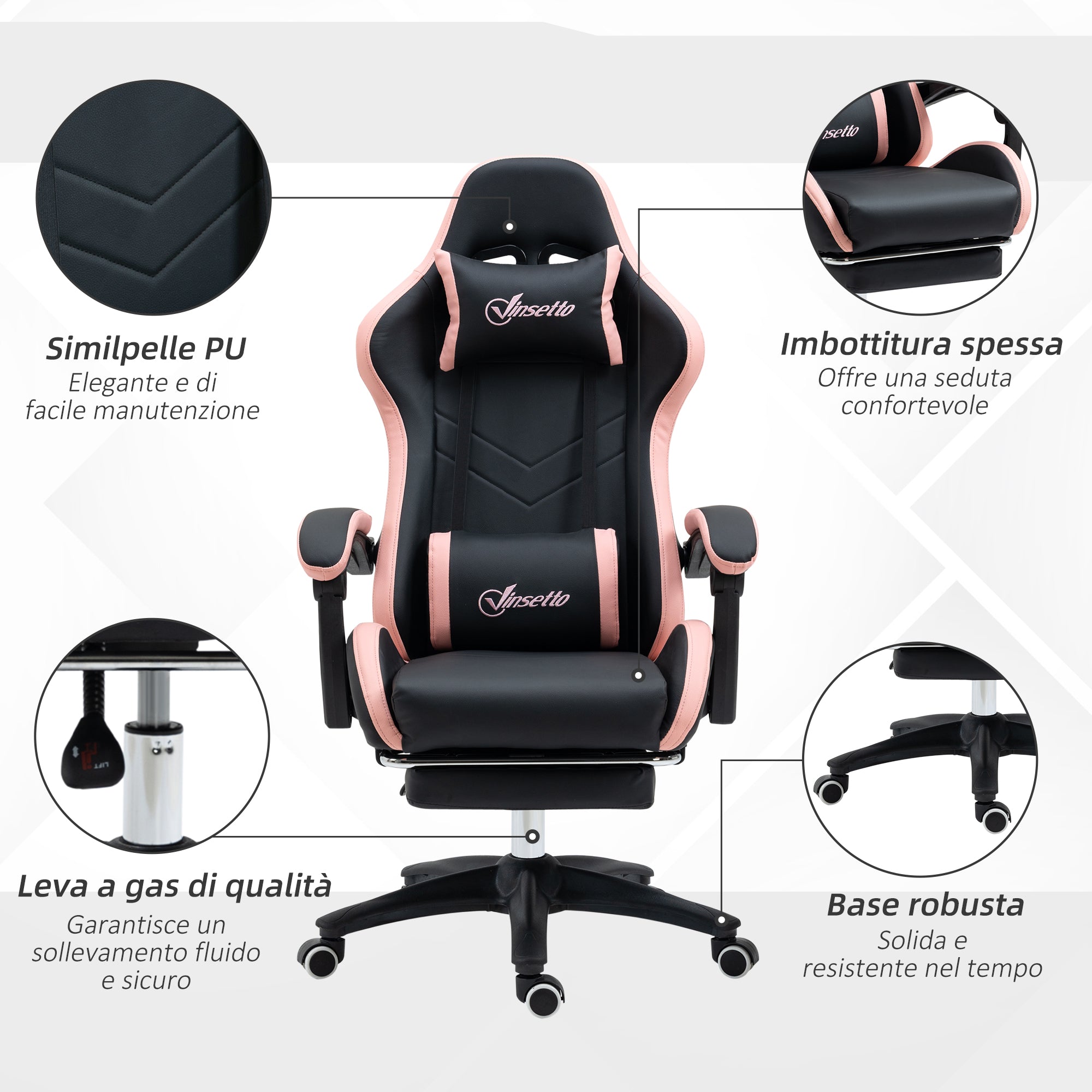 EasyComfort gamingstoel roze/zwart met voetensteun 65x65x121-129 cm