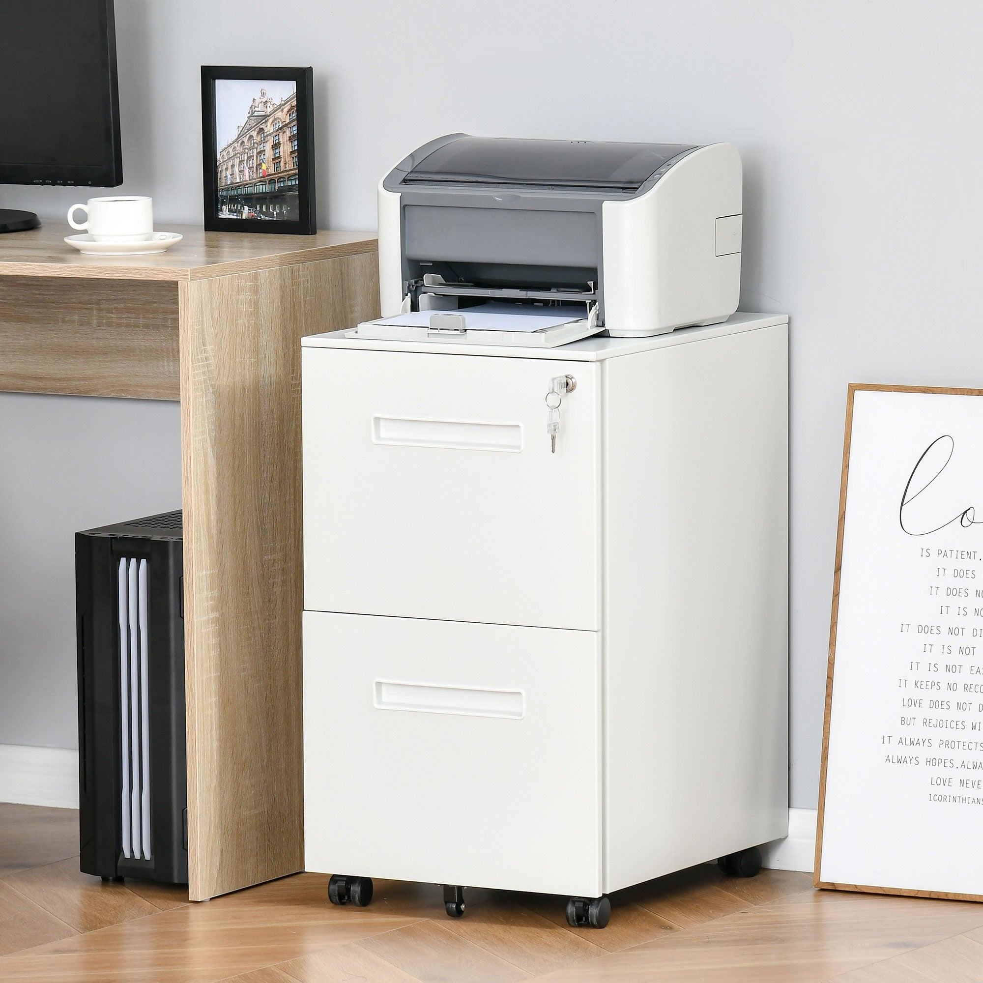 Easycomfort Cassettiera Ufficio with Ruote, Schedario Portadocumenti a 2 Cassetti with Serratura e 2 Chiavi in Acciaio, 39x48x67cm, white